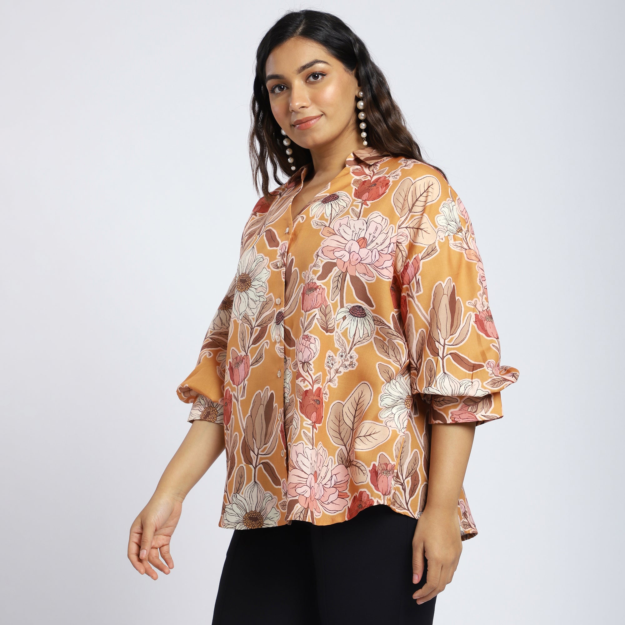 Plus Size Mustard Floral Linen-Blend Shirt with Puff Sleeves