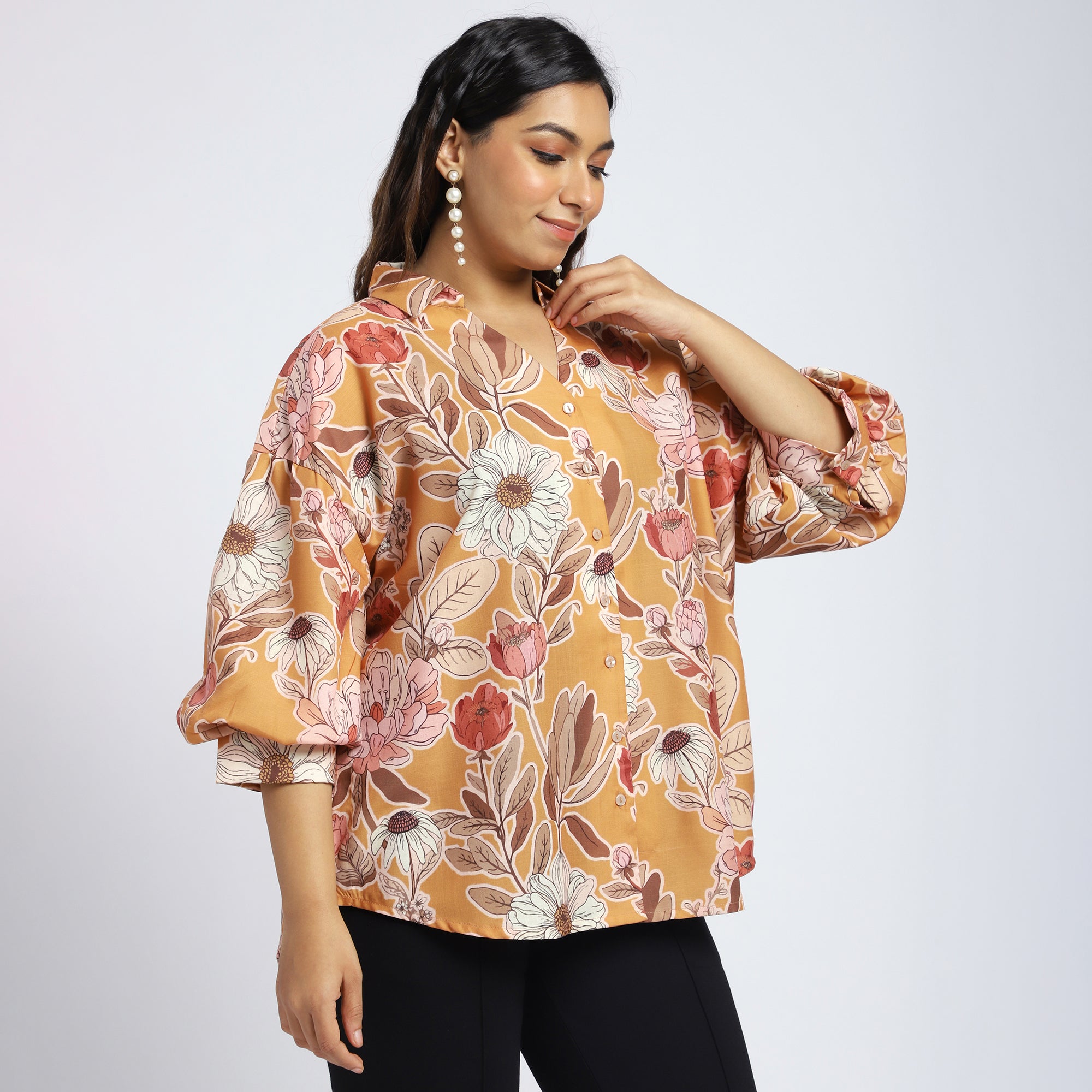 Plus Size Mustard Floral Linen-Blend Shirt with Puff Sleeves