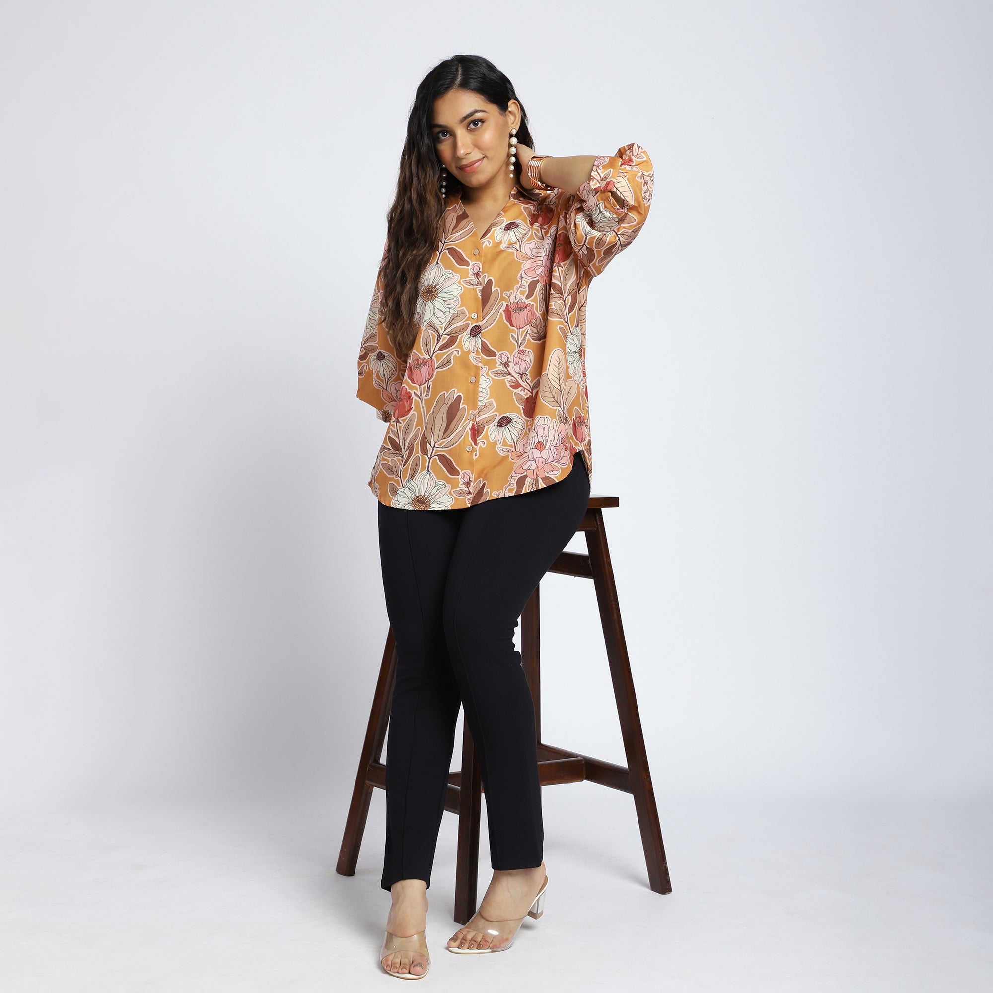 Plus Size Mustard Floral Linen-Blend Shirt with Puff Sleeves