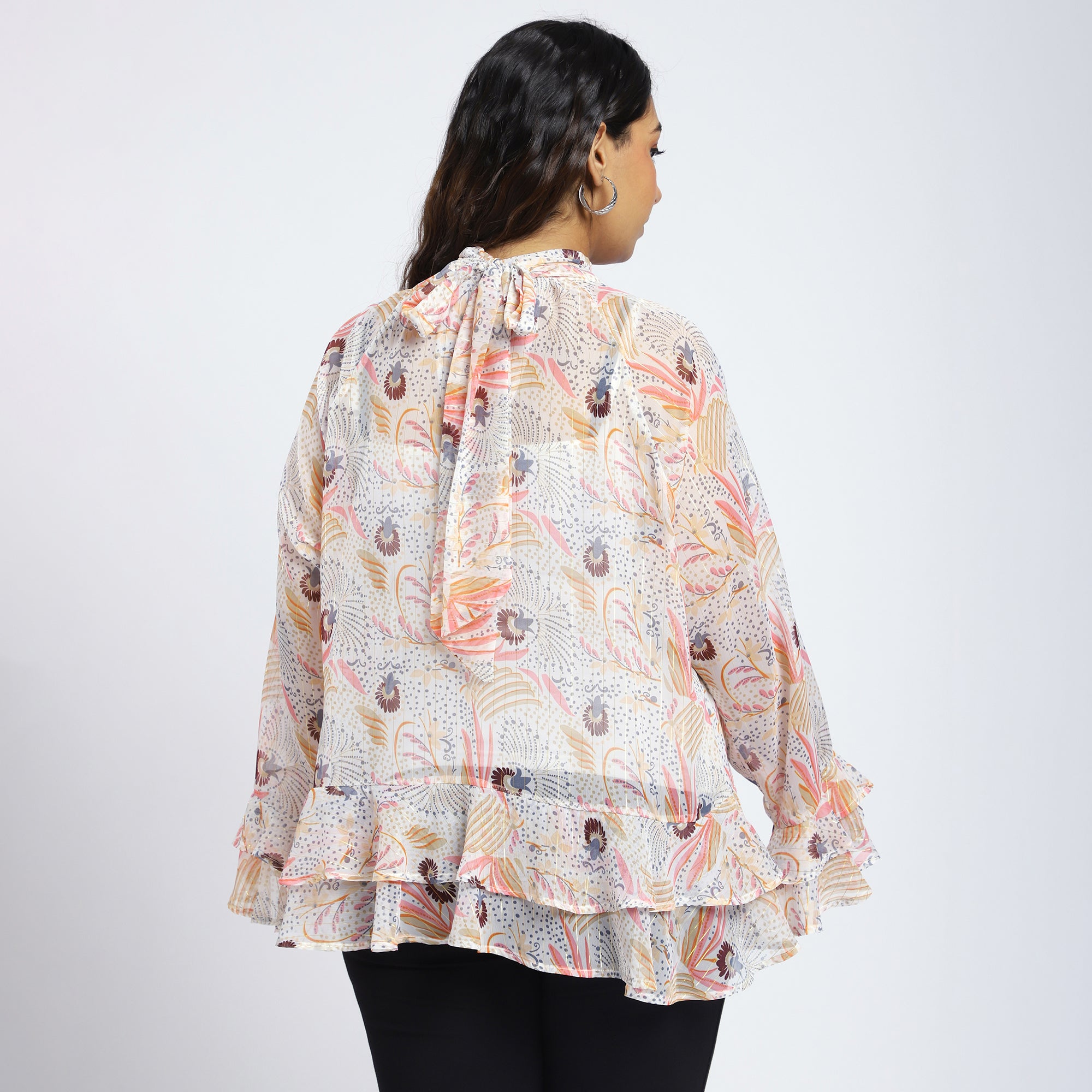 Plus Size White Floral Georgette Ruffle Top