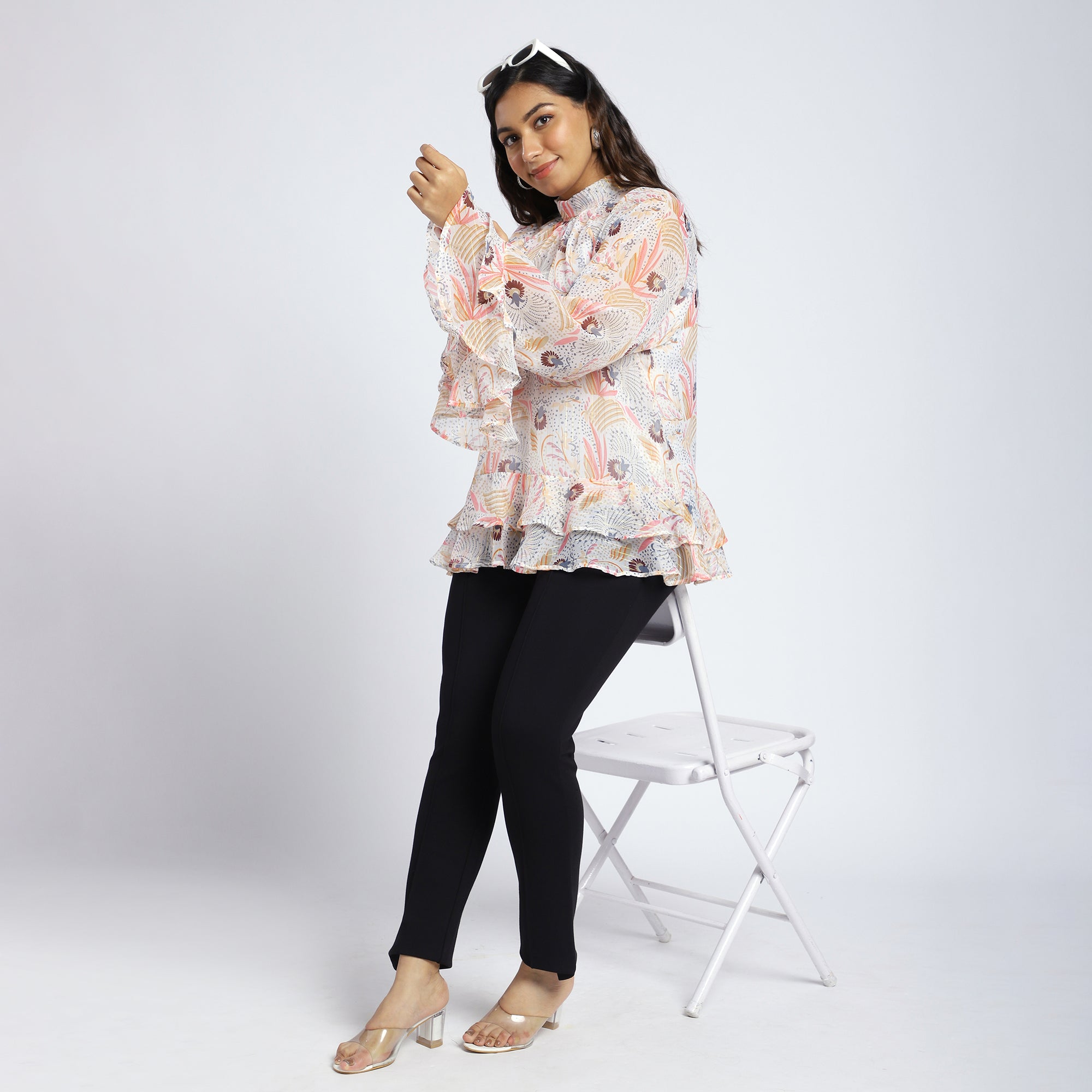 Plus Size White Floral Georgette Ruffle Top