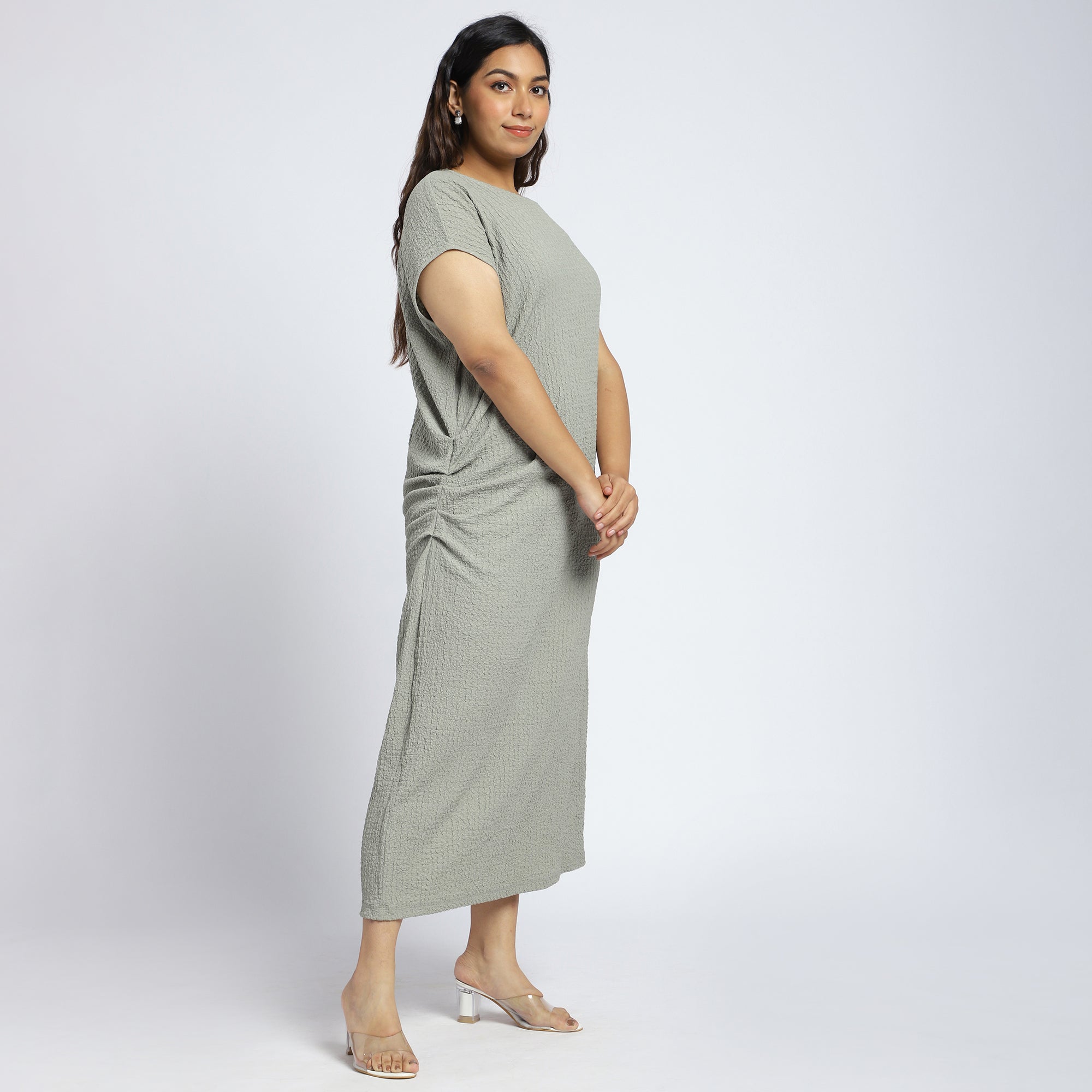 Plus Size Olive Green Textured Knit Midi Dress with Side Pleat