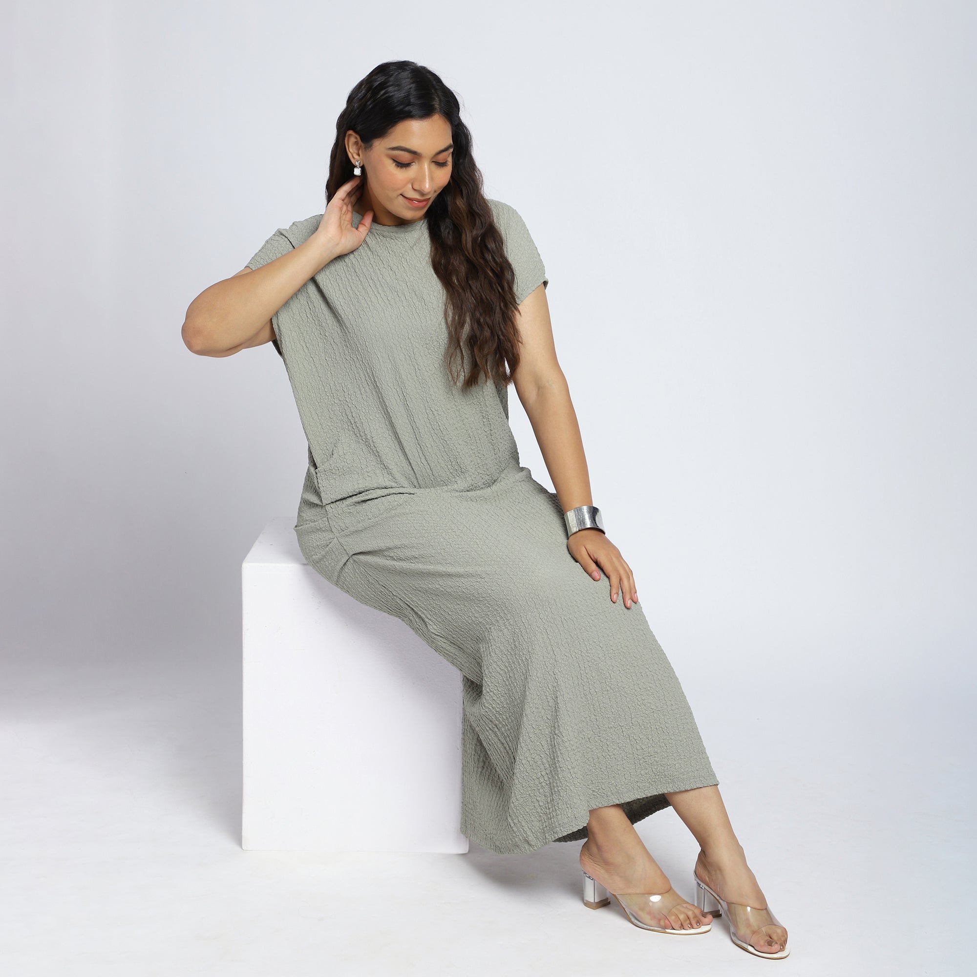 Plus Size Olive Green Textured Knit Midi Dress with Side Pleat