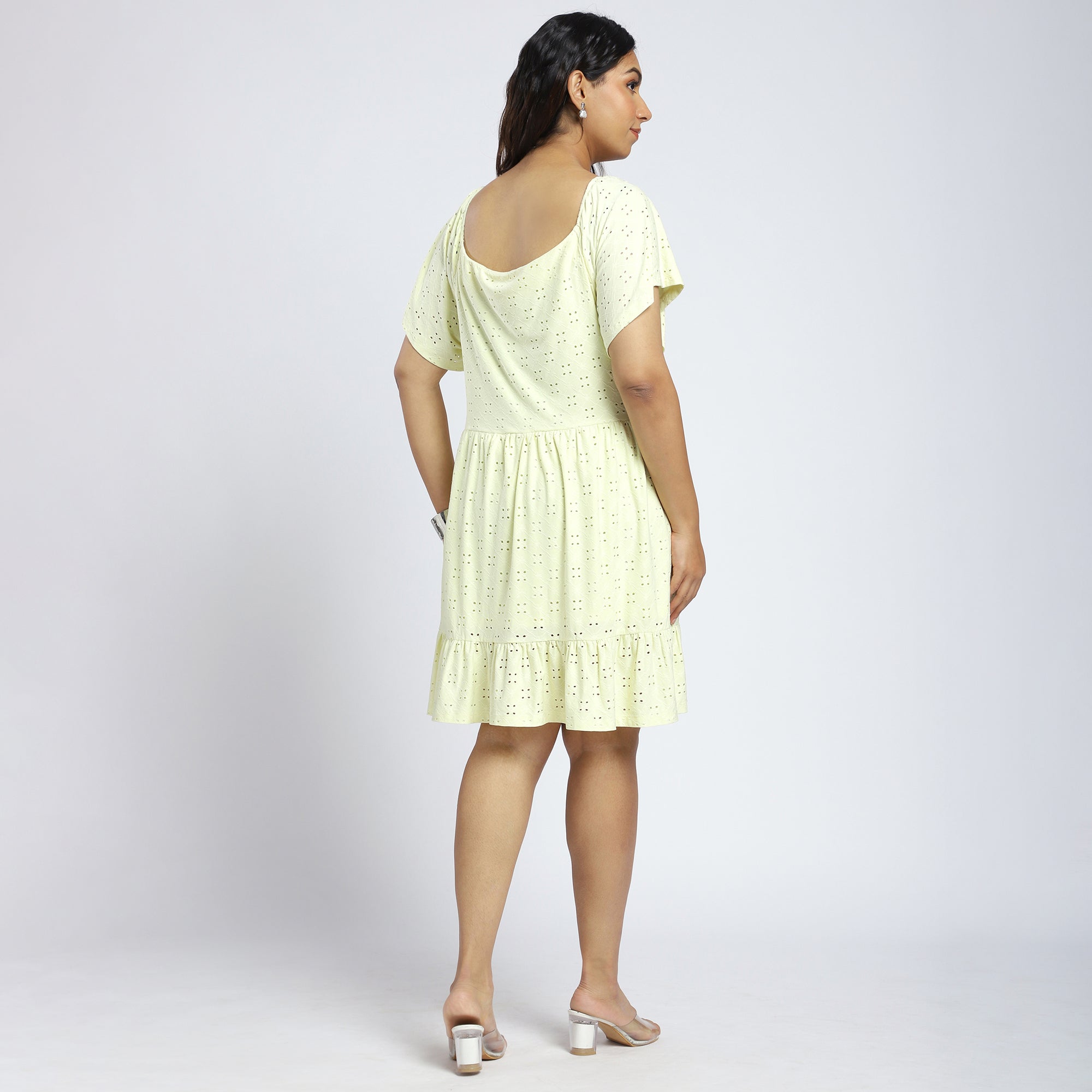 Plus Size Yellow Knit Overlap Dress with Cutwork Details