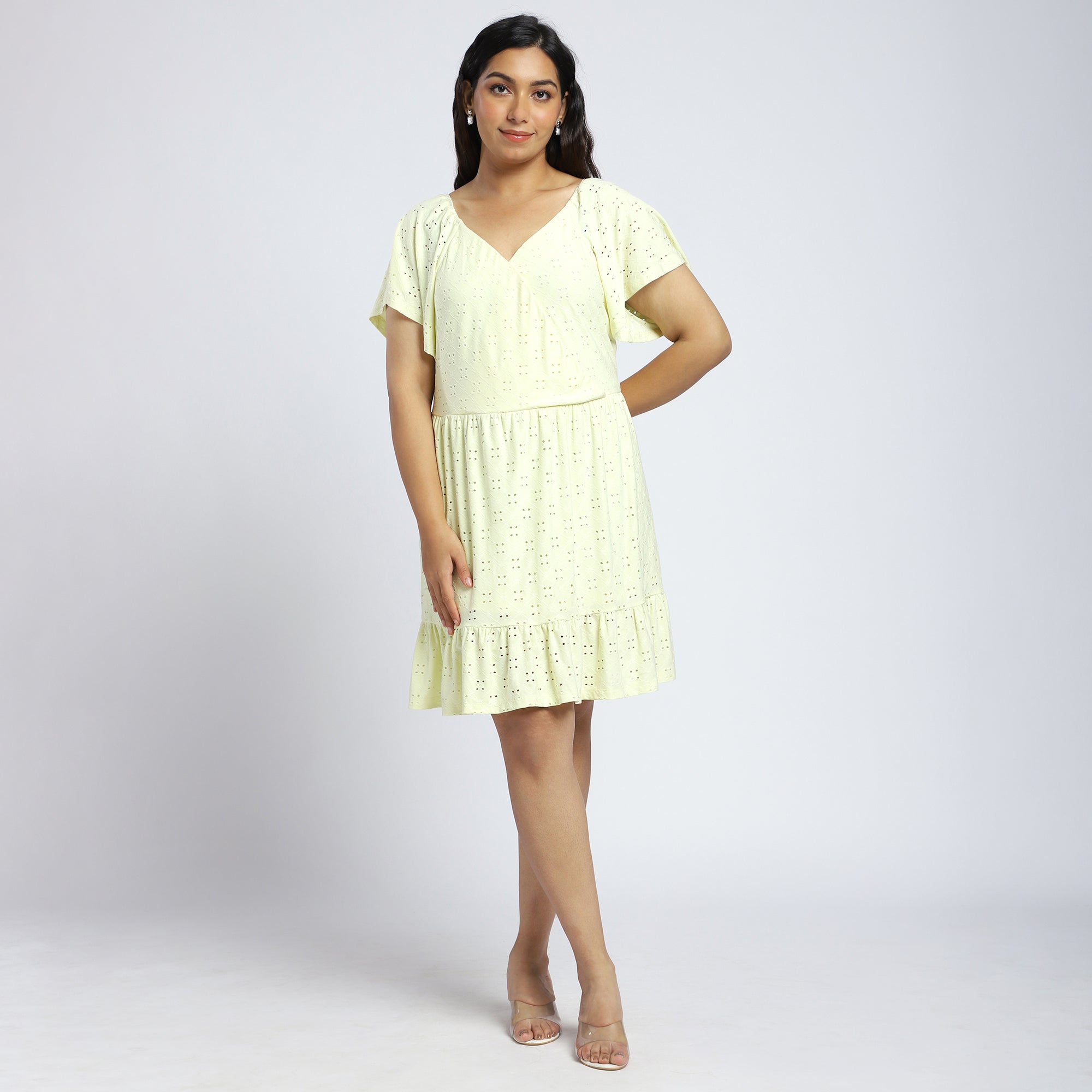 Plus Size Yellow Knit Overlap Dress with Cutwork Details