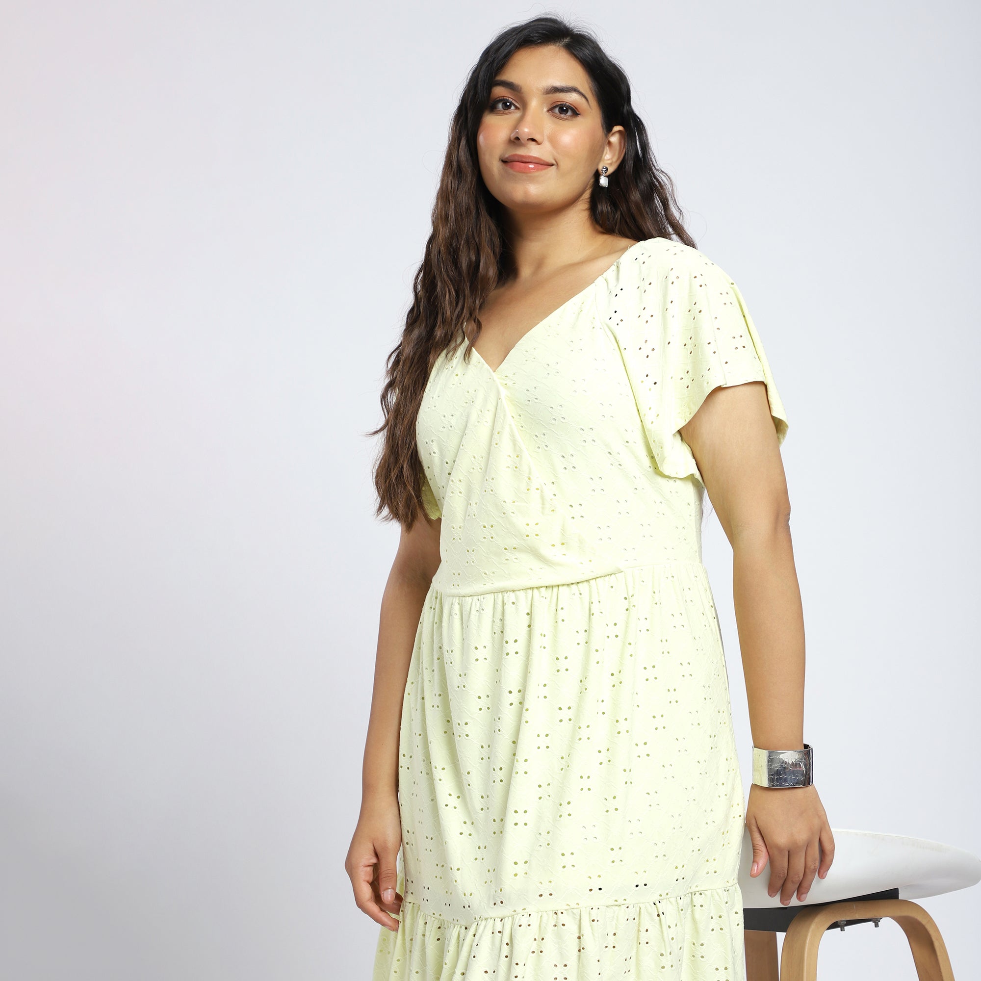 Plus Size Yellow Knit Overlap Dress with Cutwork Details