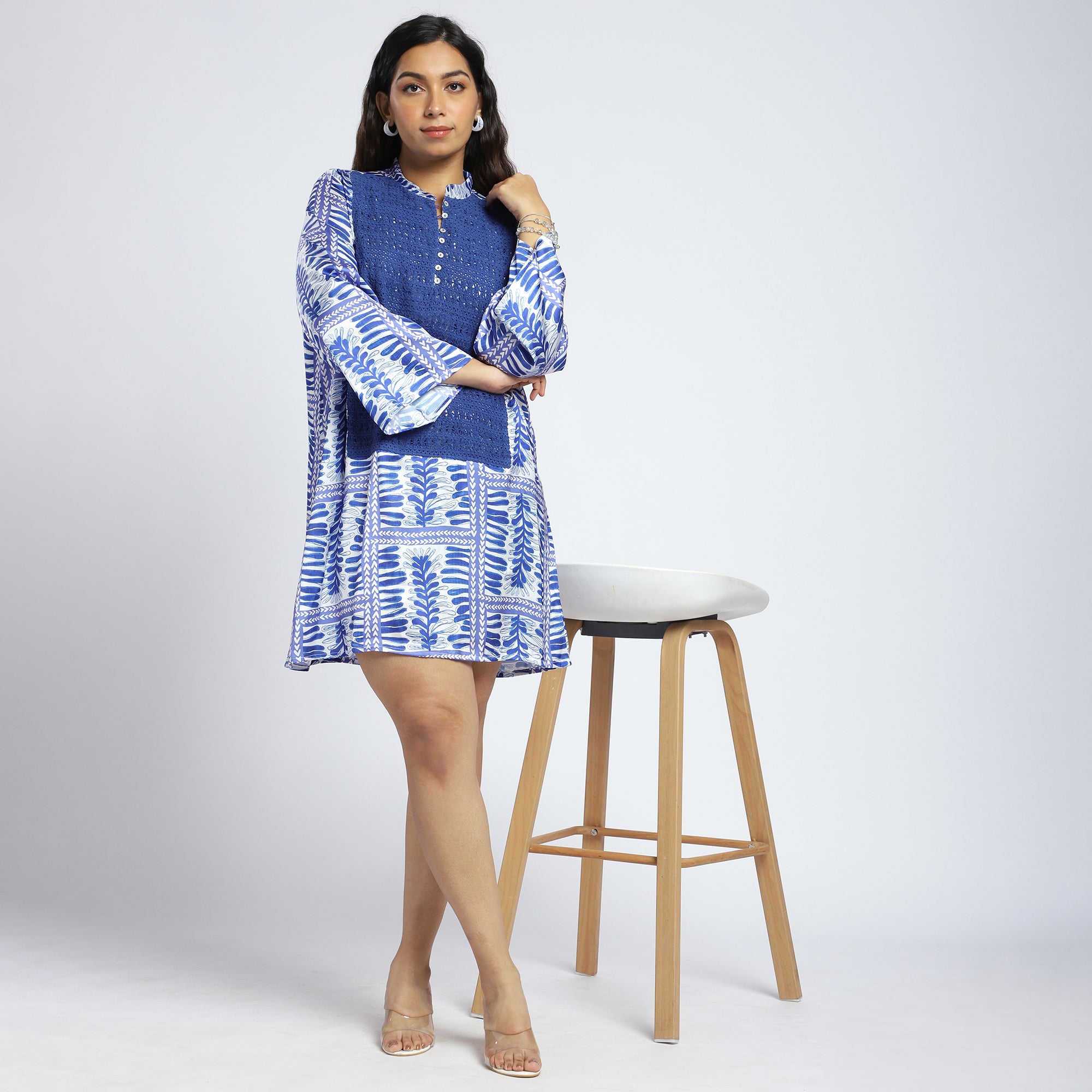 Plus Size Blue Satin Abstract Print Resort Dress