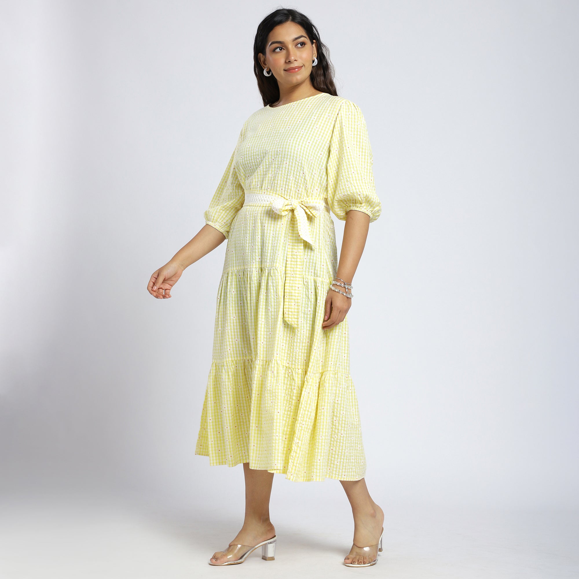 Plus Size Yellow Gingham Seersucker Cut-Out Tiered Dress