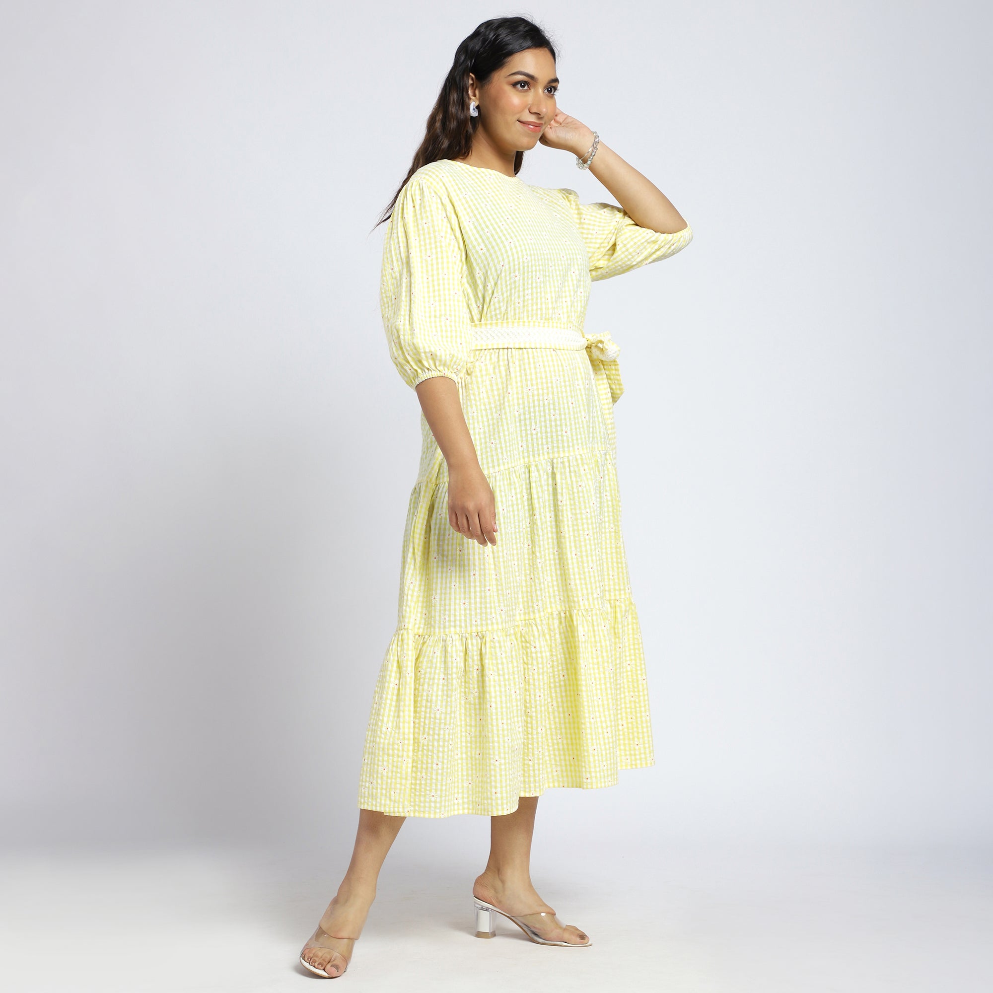 Plus Size Yellow Gingham Seersucker Cut-Out Tiered Dress