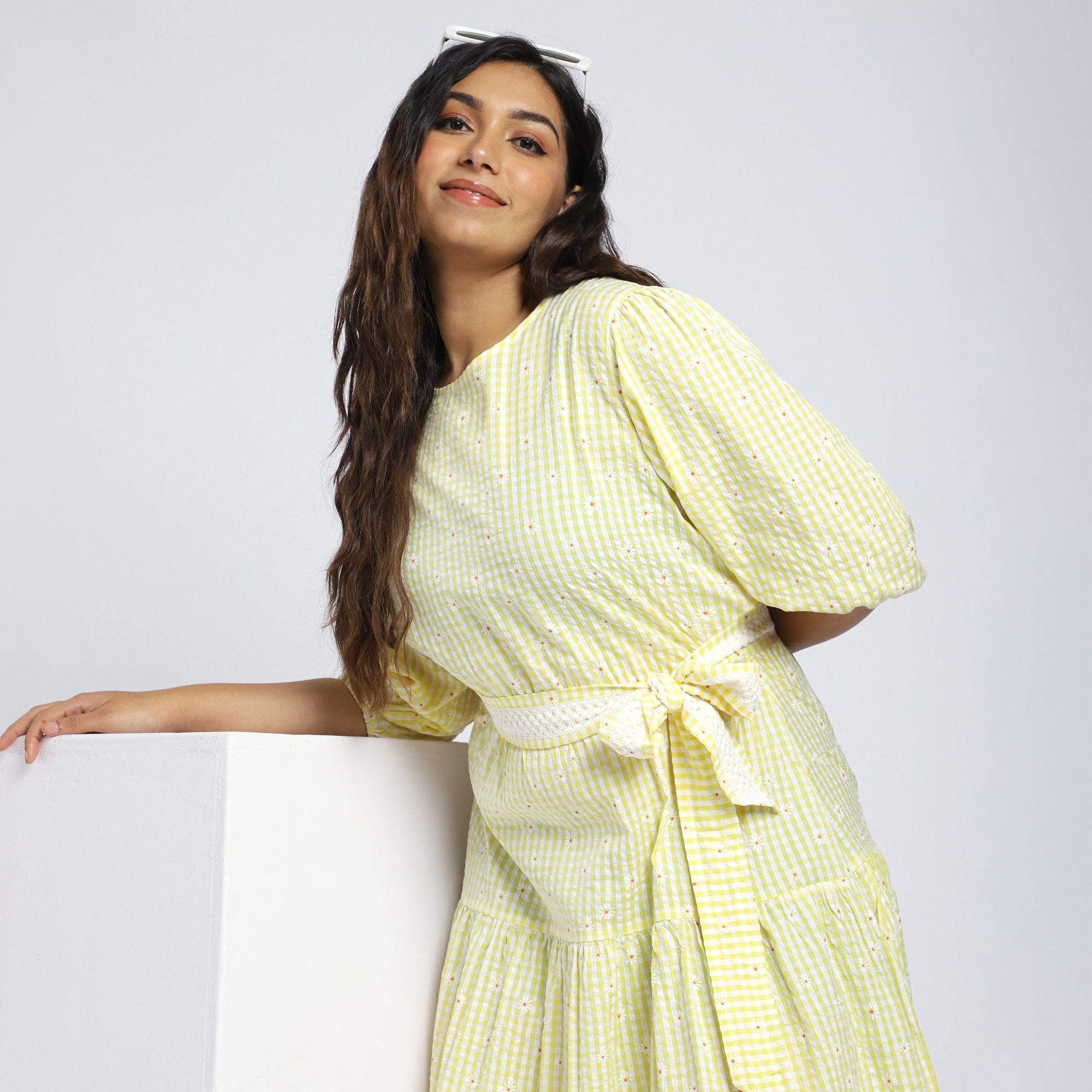 Plus Size Yellow Gingham Seersucker Cut-Out Tiered Dress