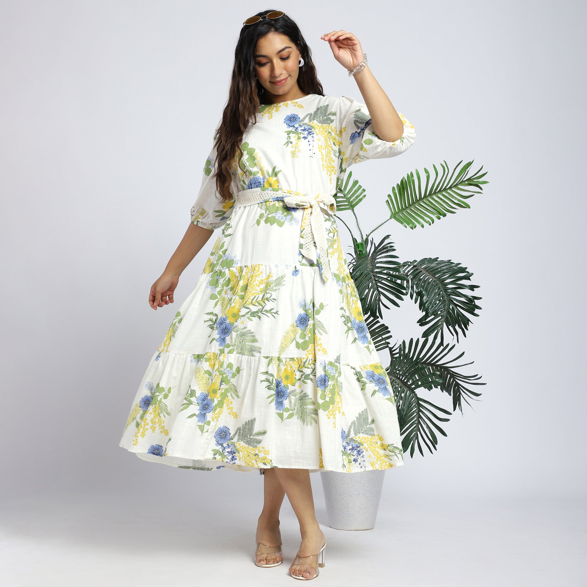 Plus Size Cream Floral Cut-Out Tiered Dress in Cotton-Linen