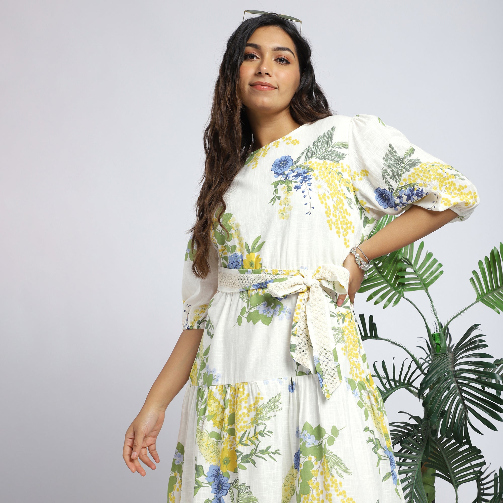 Plus Size Cream Floral Cut-Out Tiered Dress in Cotton-Linen