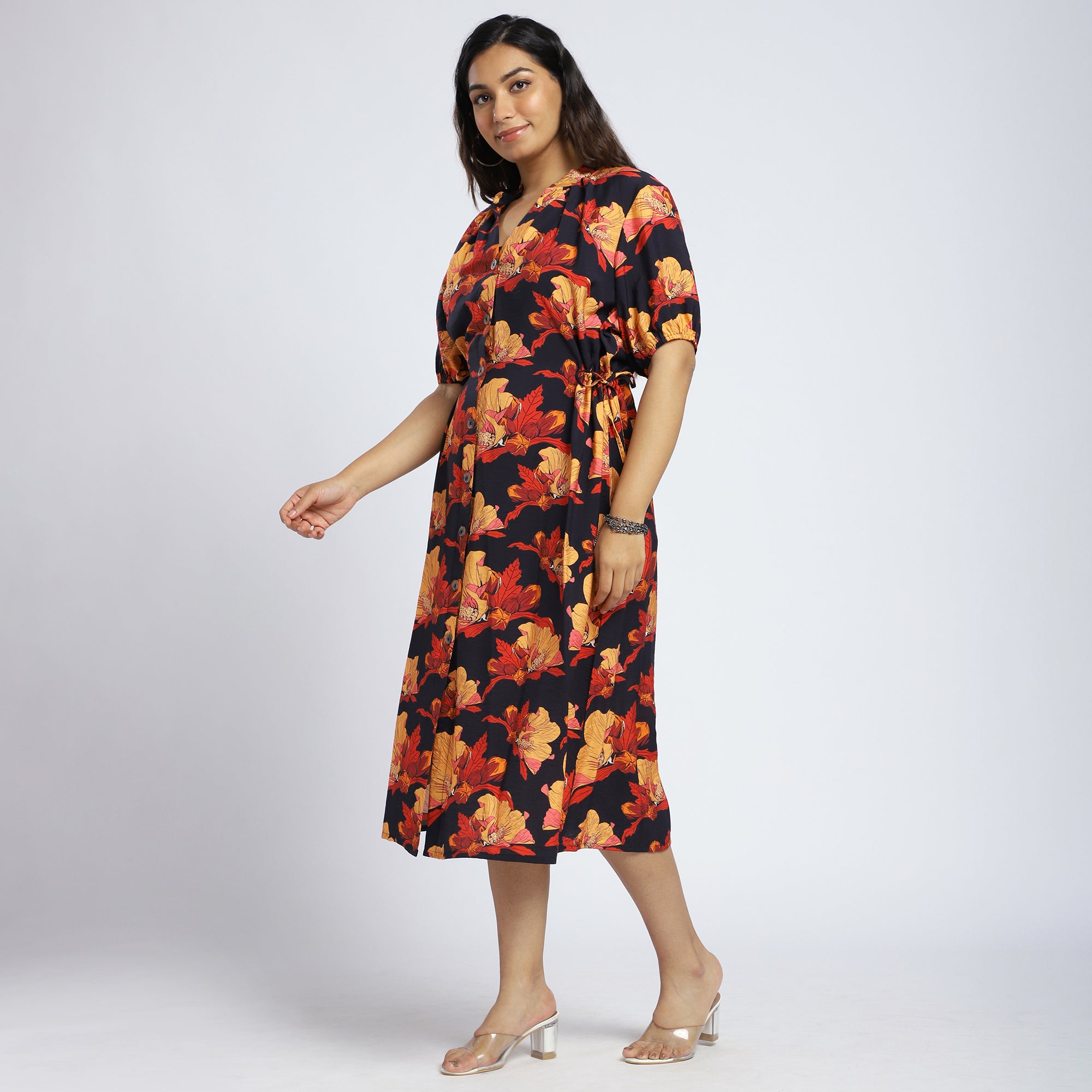 Plus Size Floral Shirt Dress with Side Tie-Up Detail