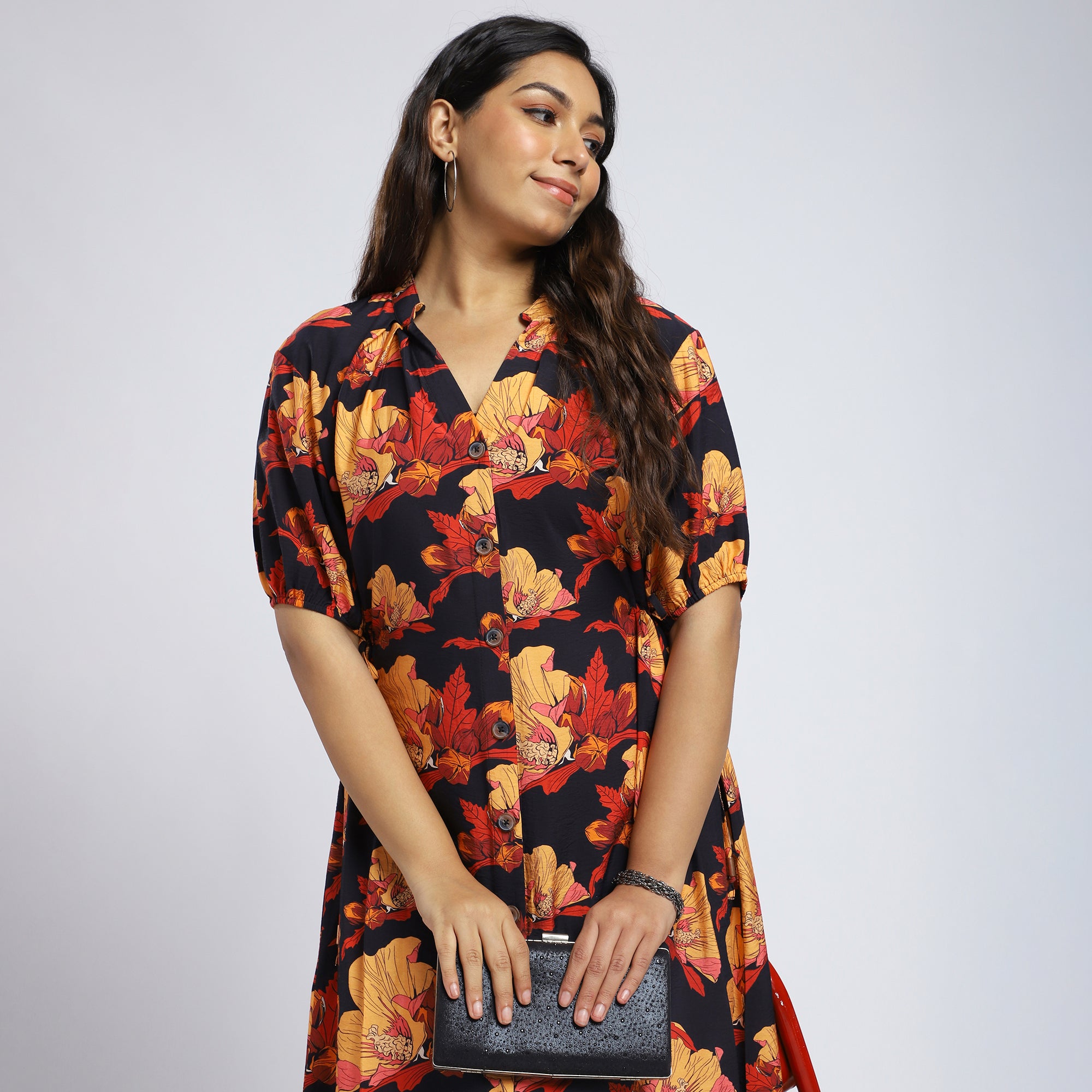 Plus Size Floral Shirt Dress with Side Tie-Up Detail