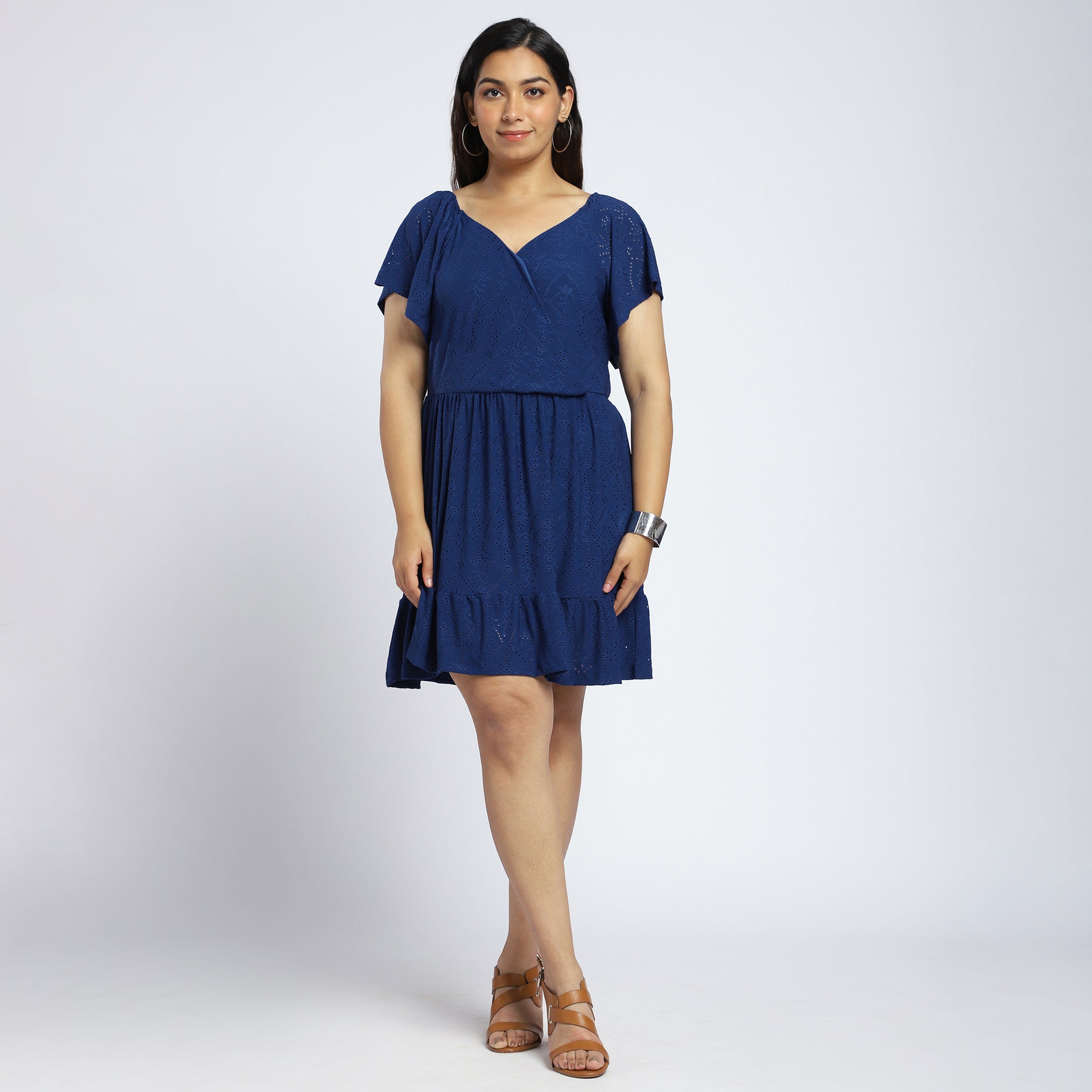 Plus Size Royal Blue Knit Overlap Dress with Cutwork Details