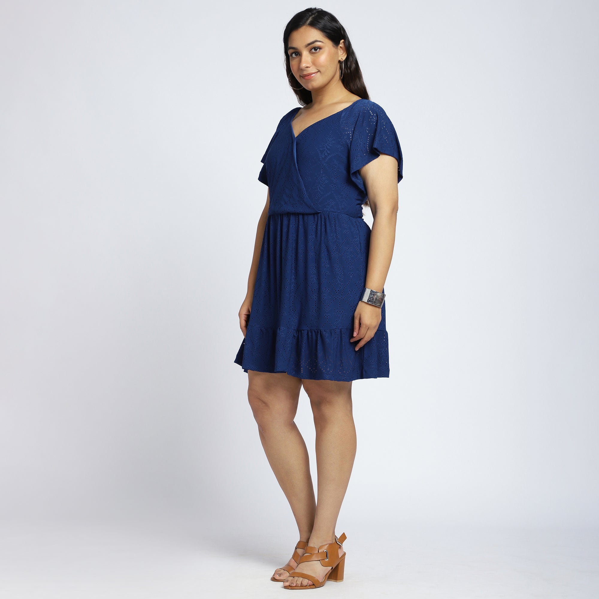 Plus Size Royal Blue Knit Overlap Dress with Cutwork Details