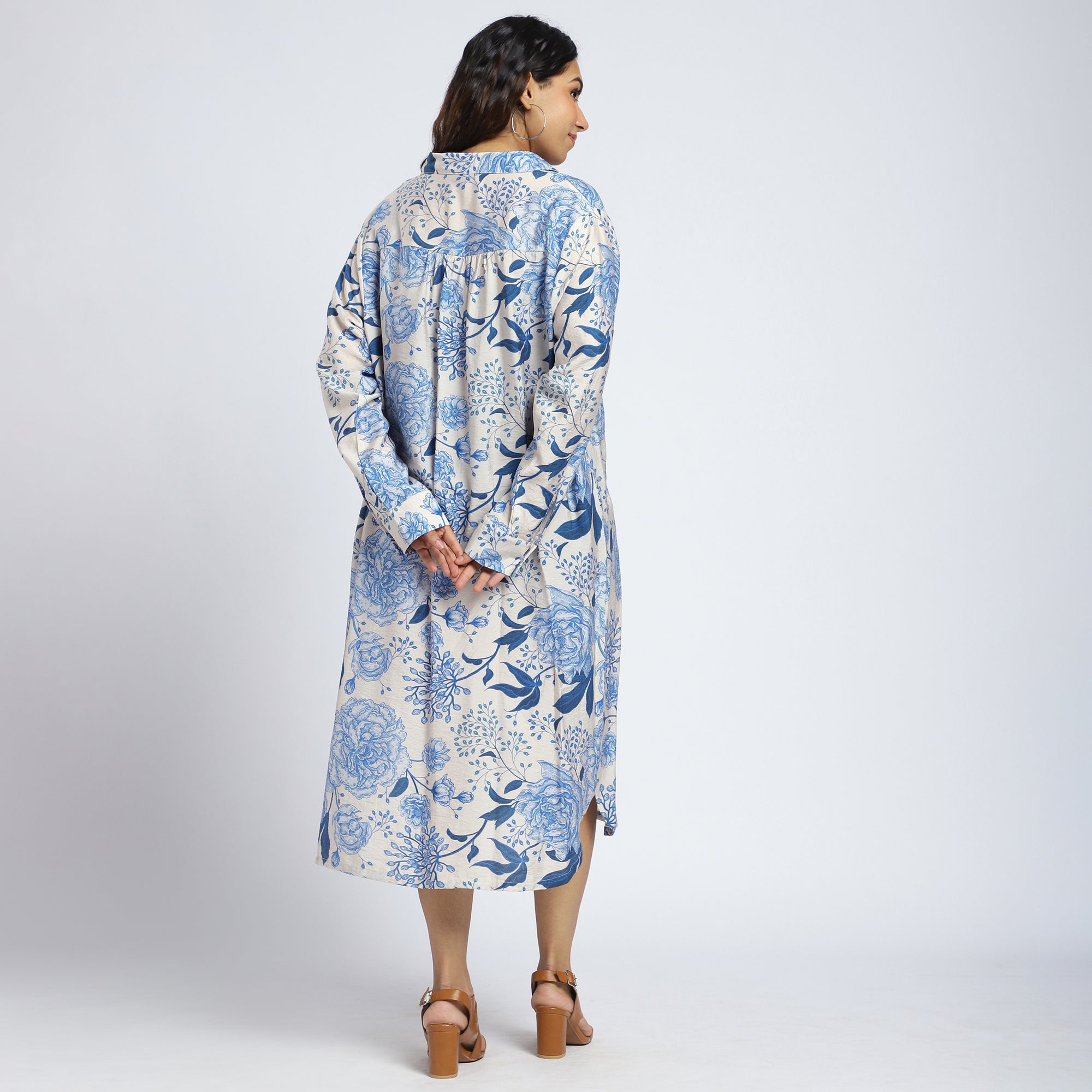 Plus Size Cream & Blue Floral Shirt Dress with Tie Detail