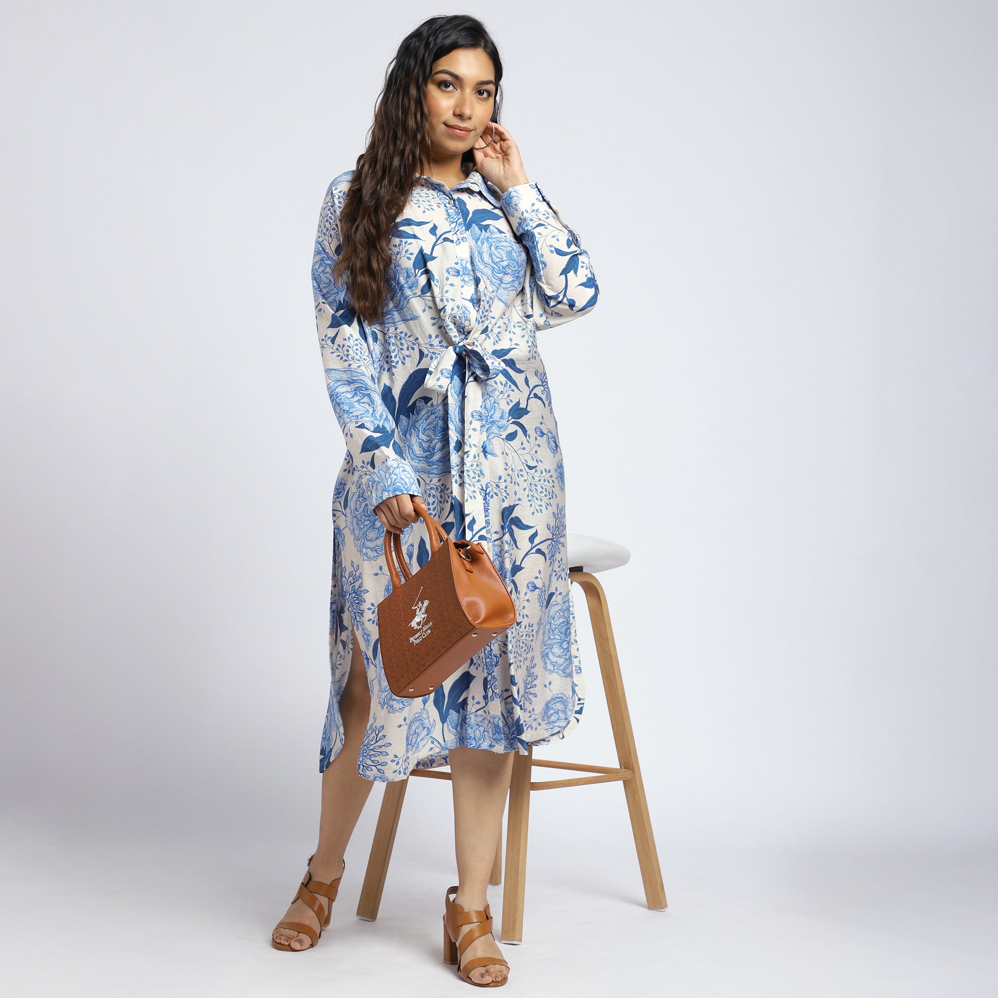 Plus Size Cream & Blue Floral Shirt Dress with Tie Detail