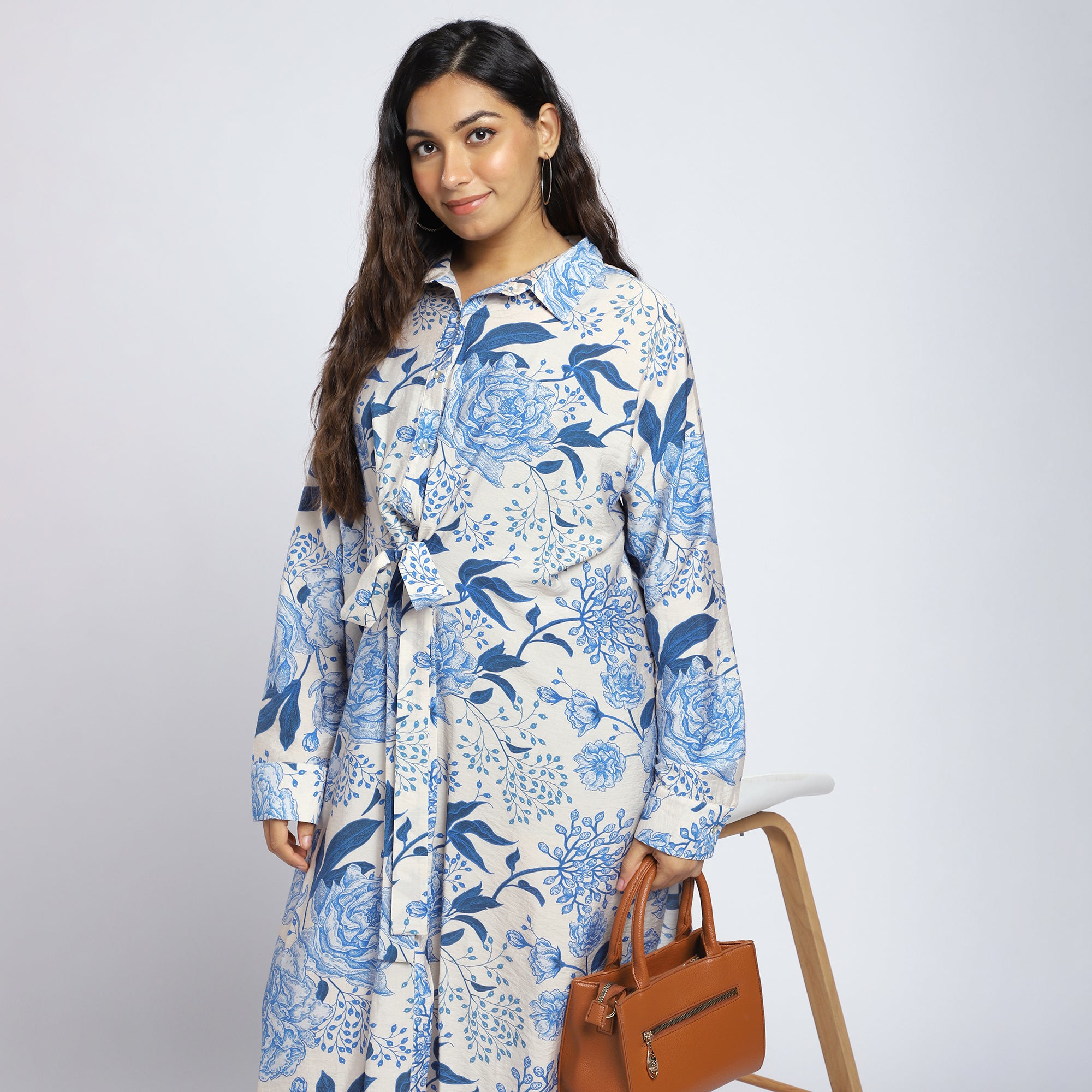 Plus Size Cream & Blue Floral Shirt Dress with Tie Detail