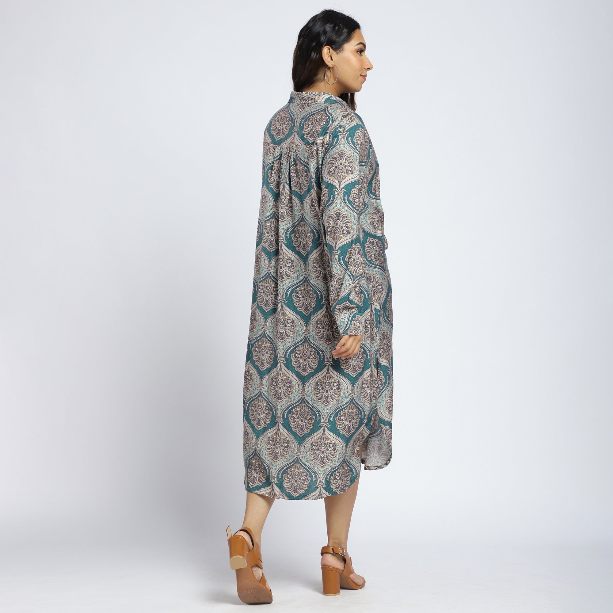 Plus Size Green Ethnic Print Shirt Dress with Tie Detail