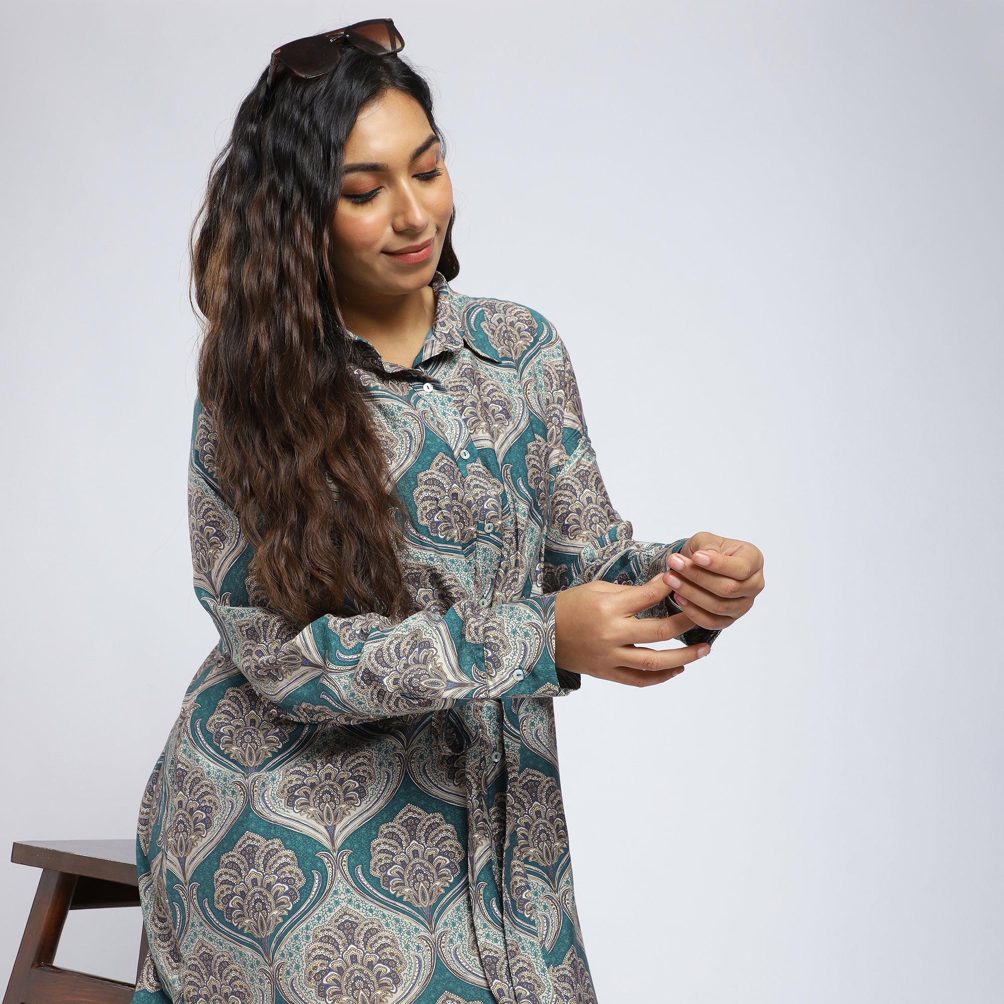 Plus Size Green Ethnic Print Shirt Dress with Tie Detail