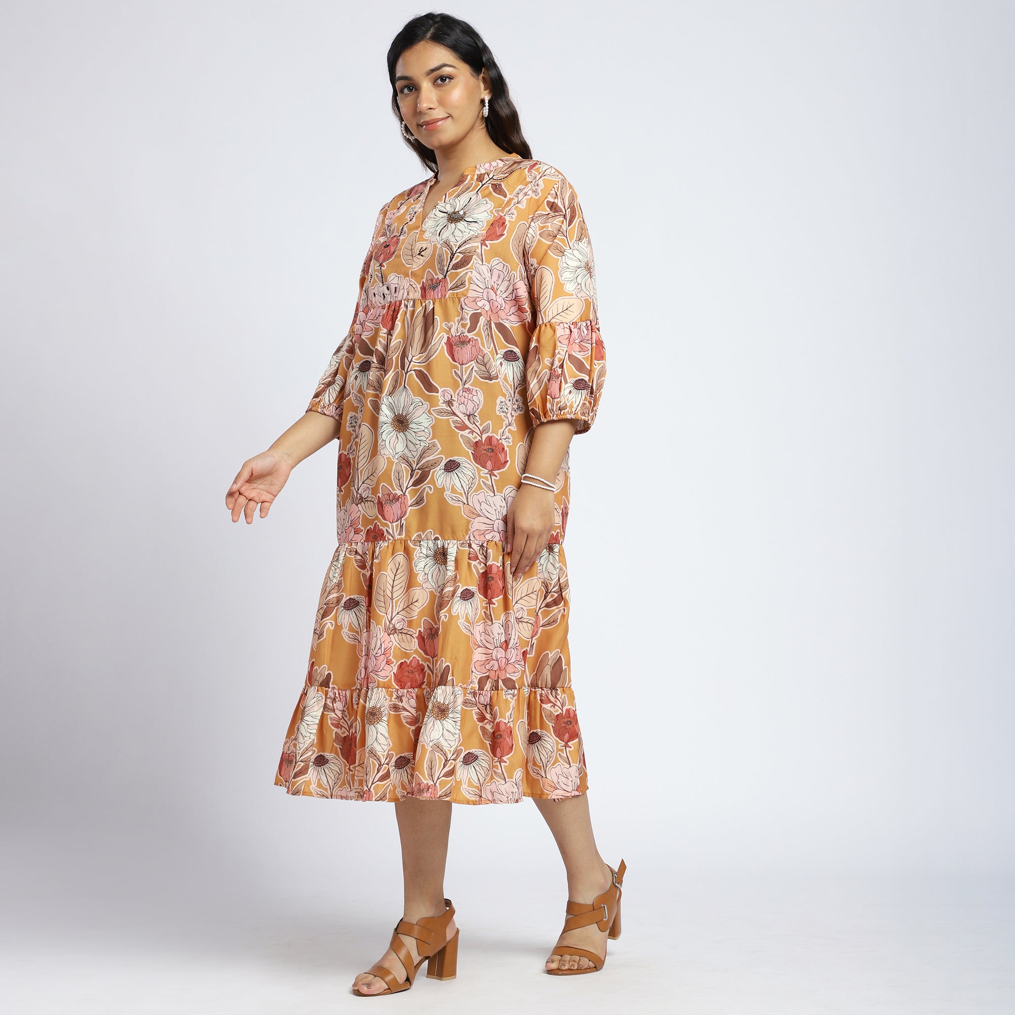 Plus Size Mustard Tiered Shirt Dress with Beaded Yoke