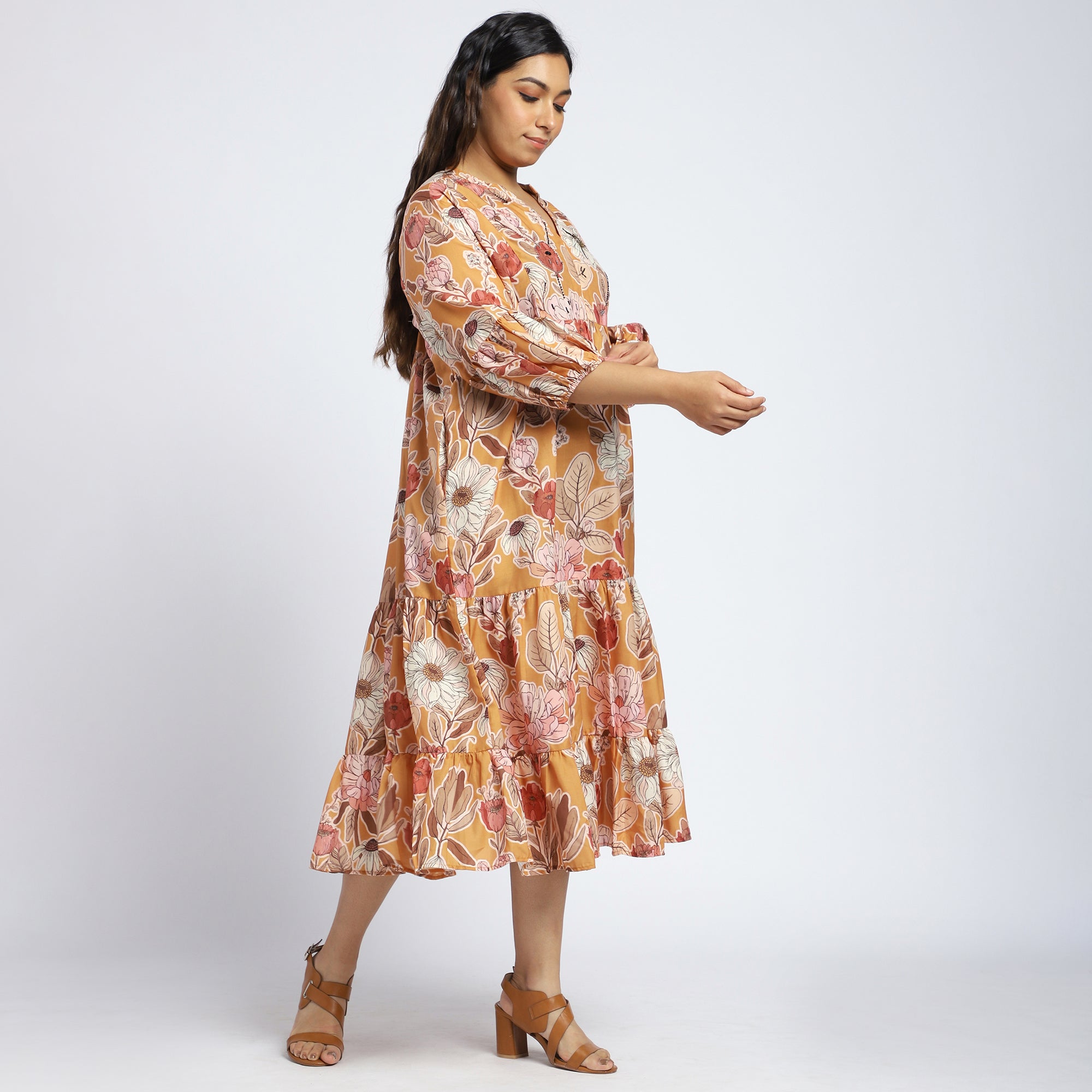 Plus Size Mustard Tiered Shirt Dress with Beaded Yoke
