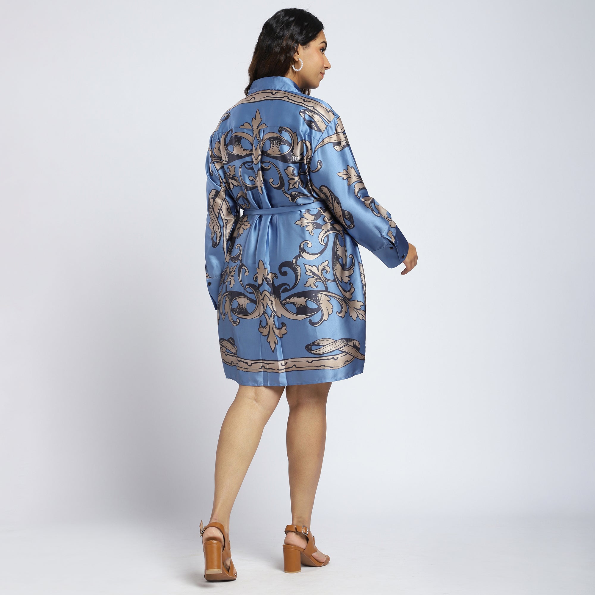 Plus Size Blue Satin Scarf Print Shirt Dress