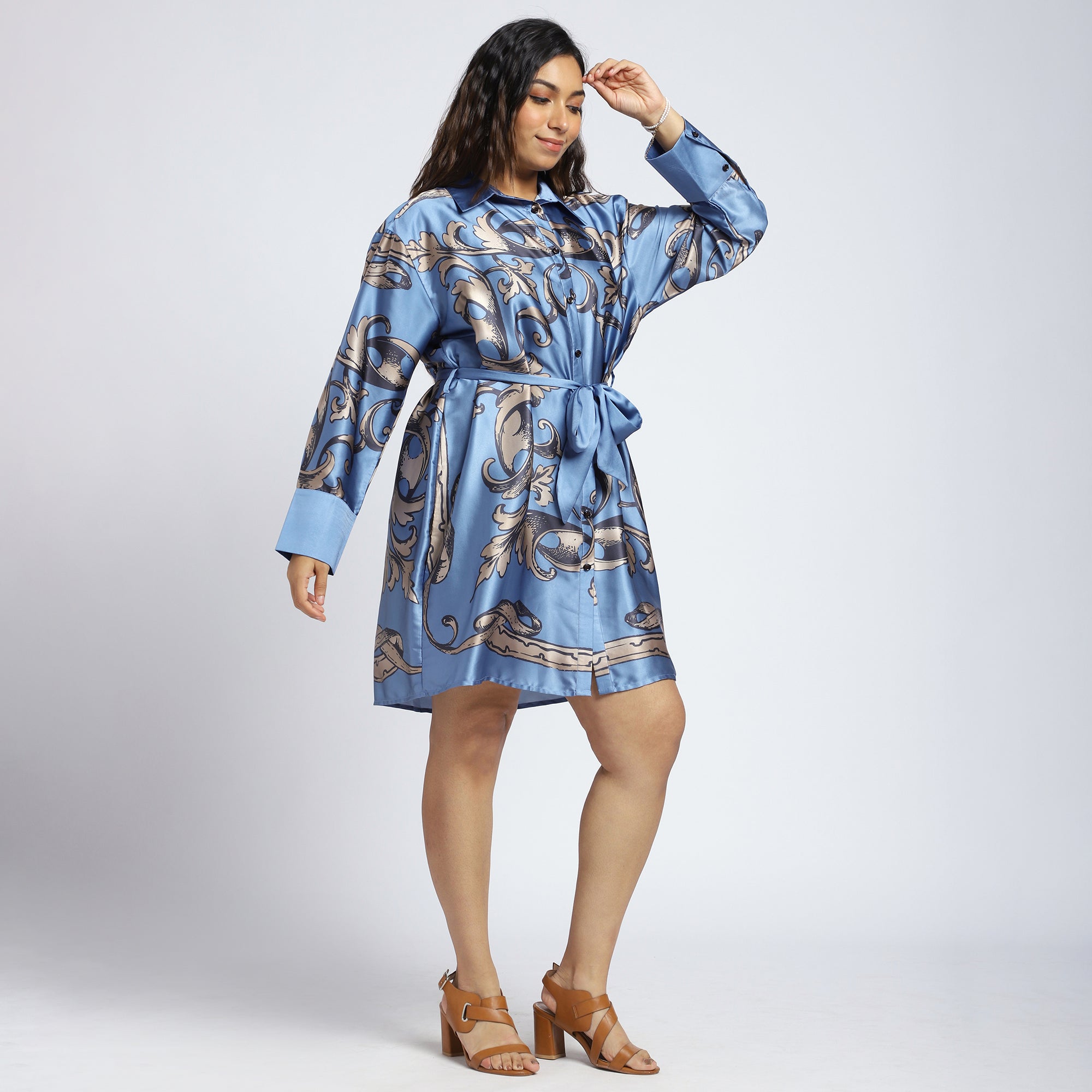 Plus Size Blue Satin Scarf Print Shirt Dress