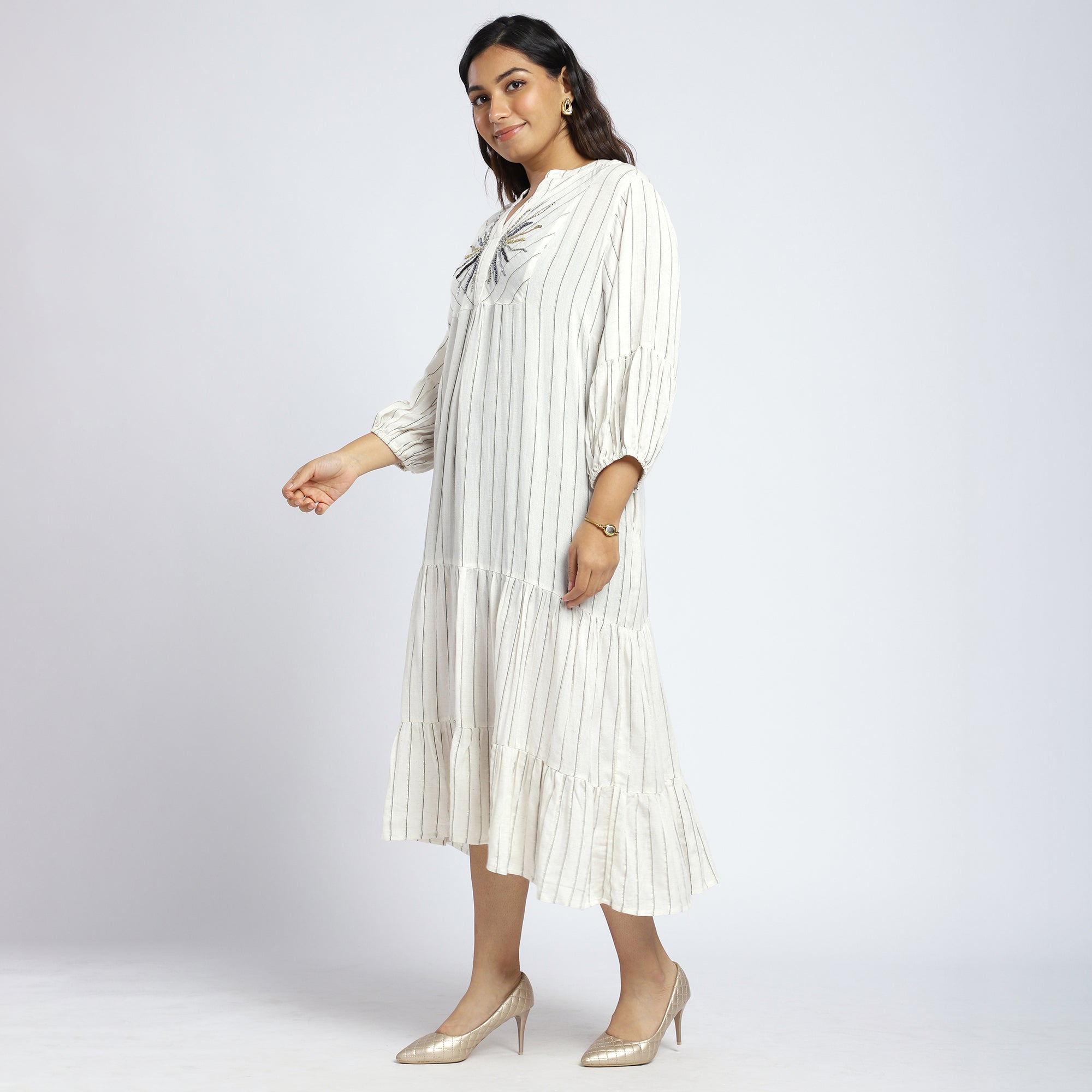Plus Size Striped Maxi Dress with Embroidered Yoke