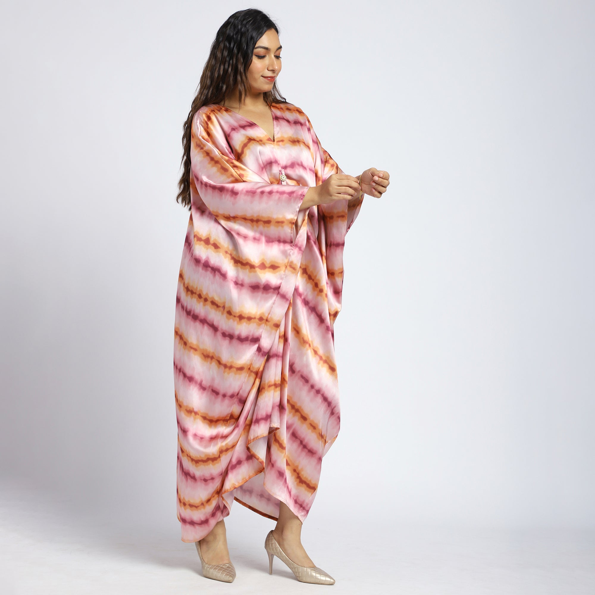 Plus Size Pink & Orange Tie-Dye Satin Midi Kaftan with Buttons