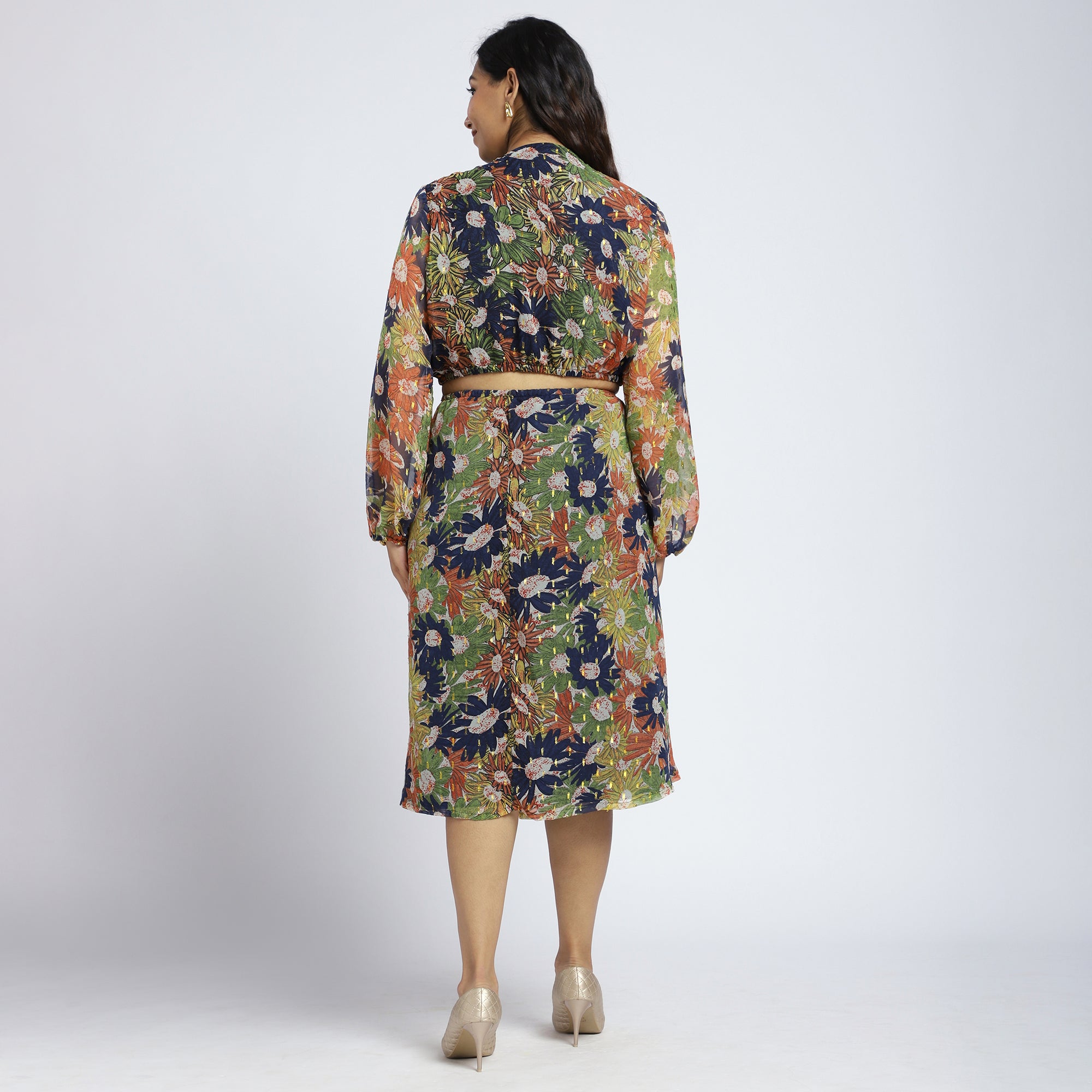 Plus Size Navy Blue Lurex Floral Cut-Out Dress with Ring Detail