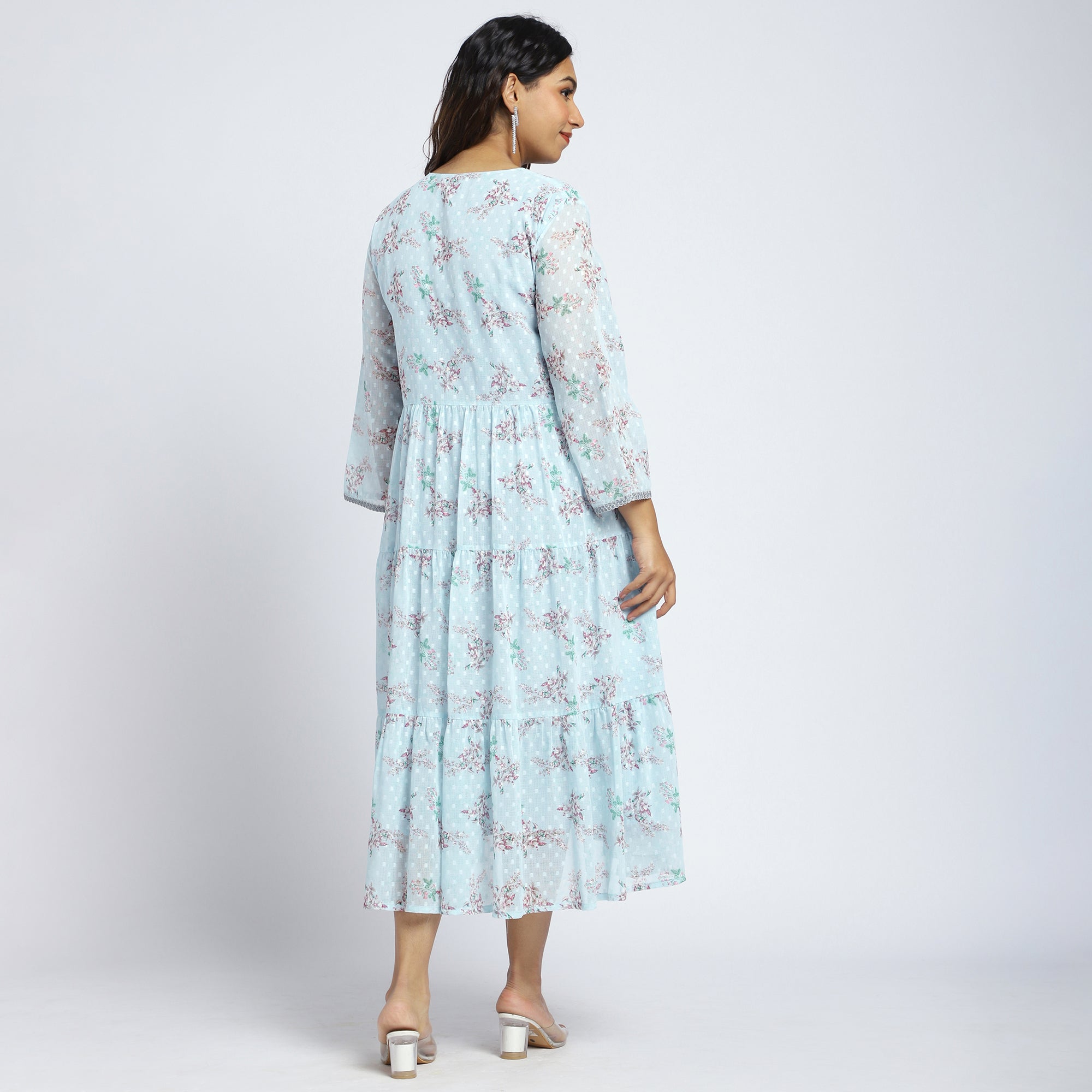 Plus Size Blue Floral Tiered Maxi Dress with Lace Detail