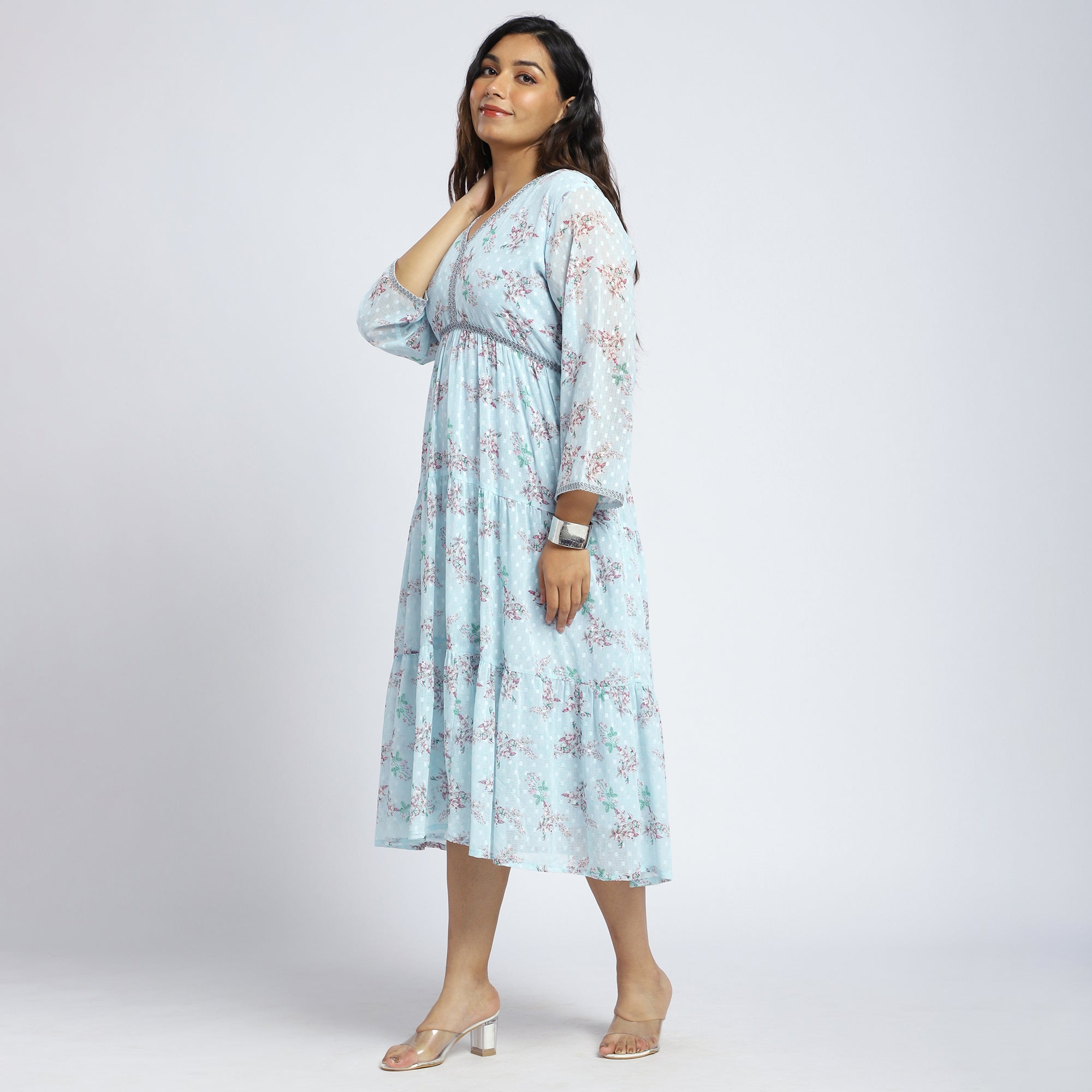 Plus Size Blue Floral Tiered Maxi Dress with Lace Detail