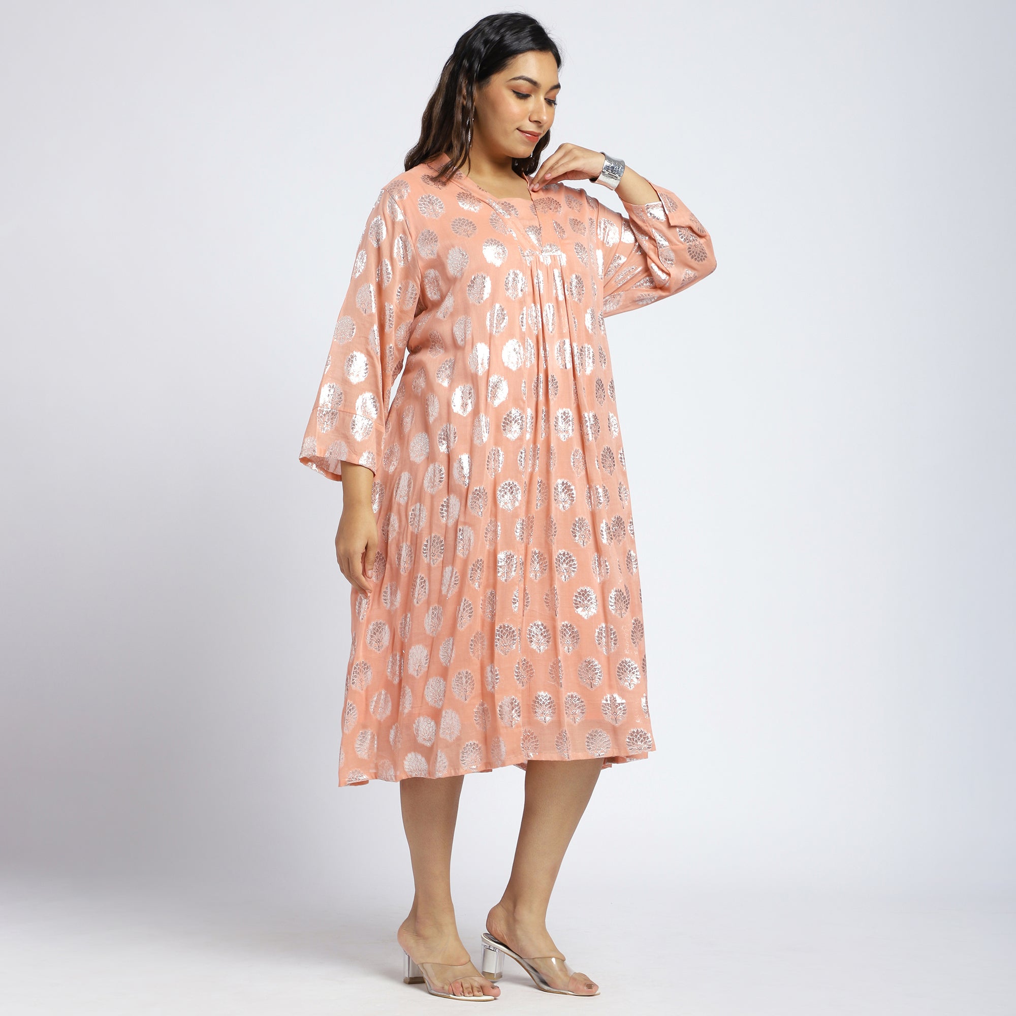 Plus Size Peach Lurex Burnout Midi Dress