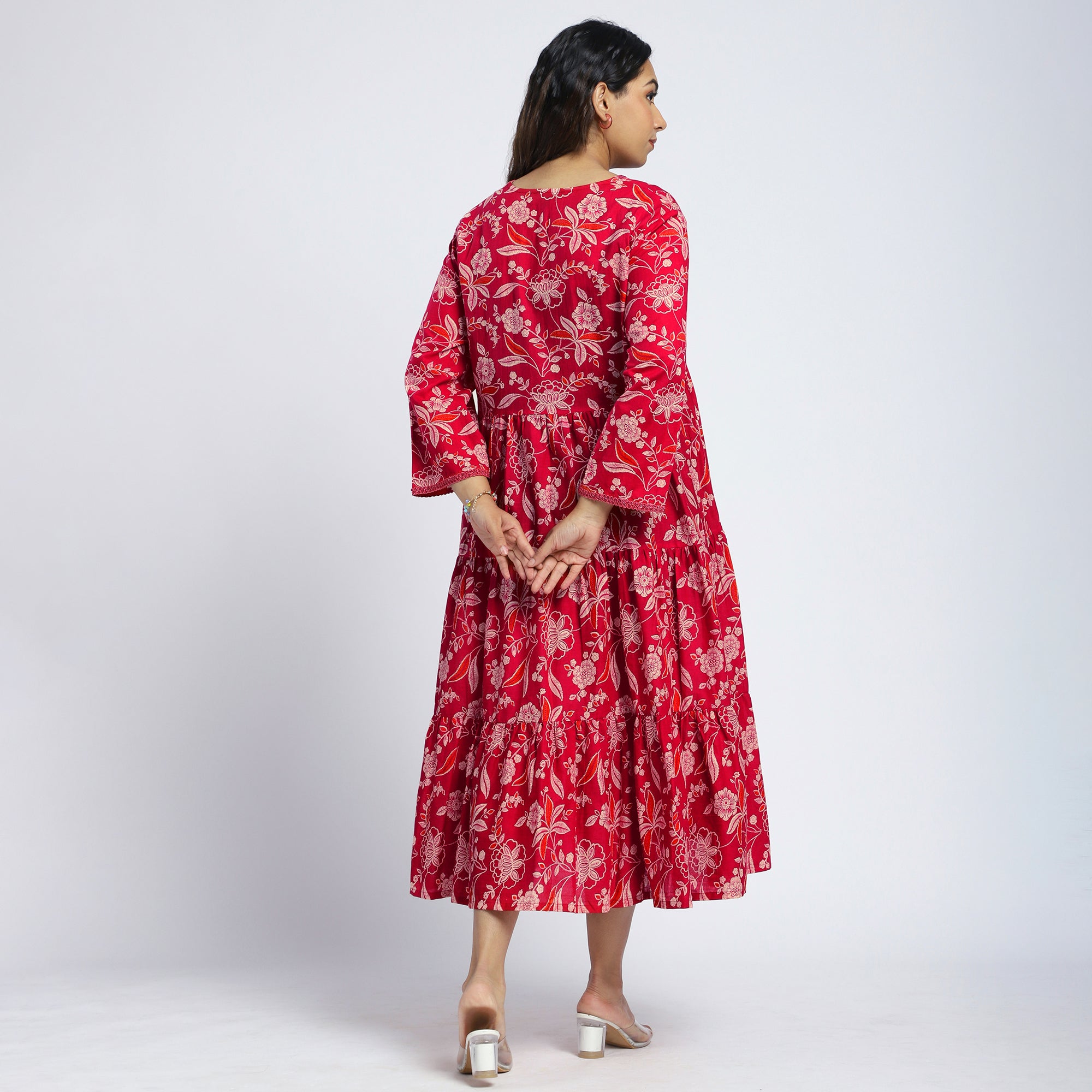 Plus Size Fuchsia Floral Tiered Cotton Maxi Dress with Lace Yoke