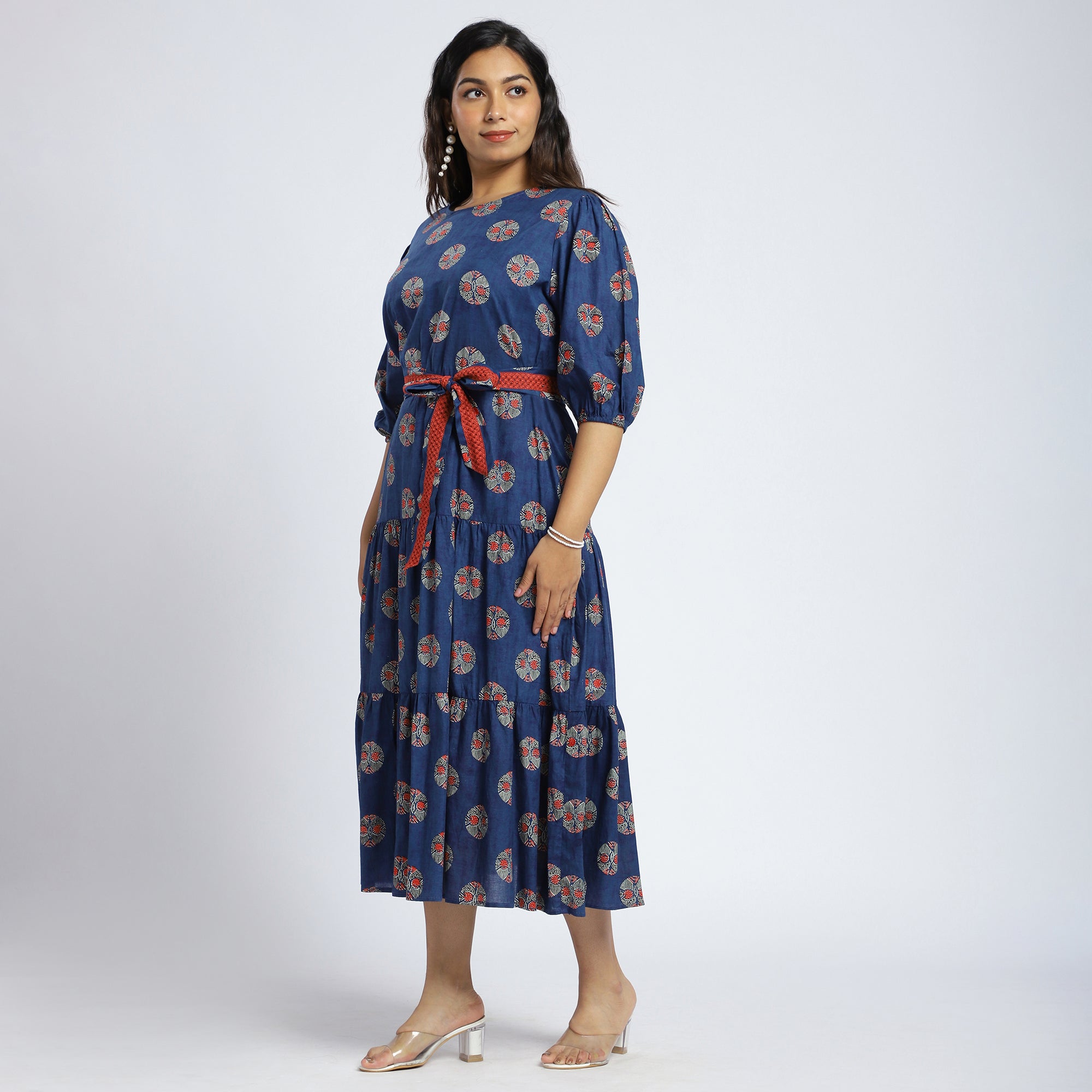 Plus Size Blue Tribal Print Cut-Out Tiered Dress