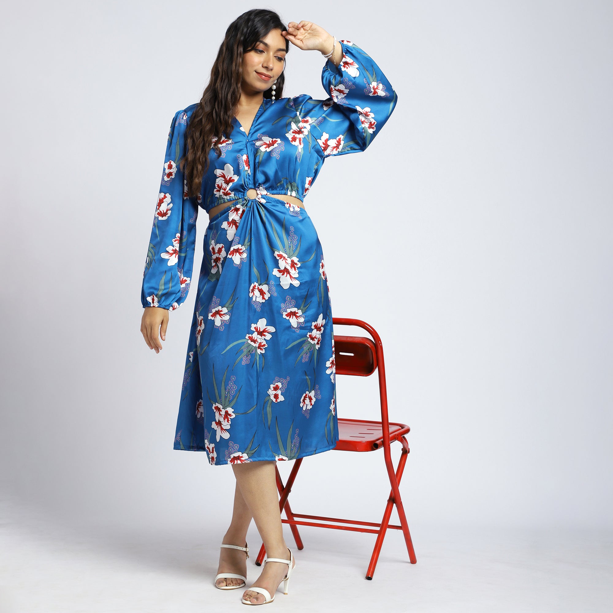 Plus Size Blue Satin Floral Cut-Out Dress with Ring Detail