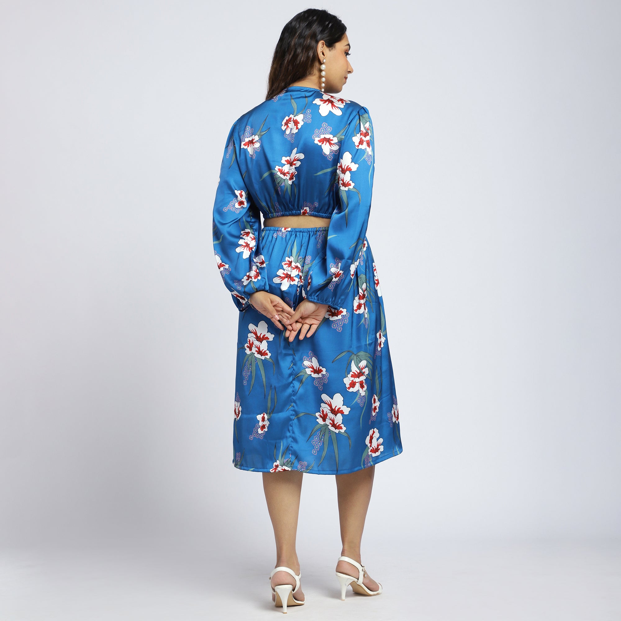 Plus Size Blue Satin Floral Cut-Out Dress with Ring Detail
