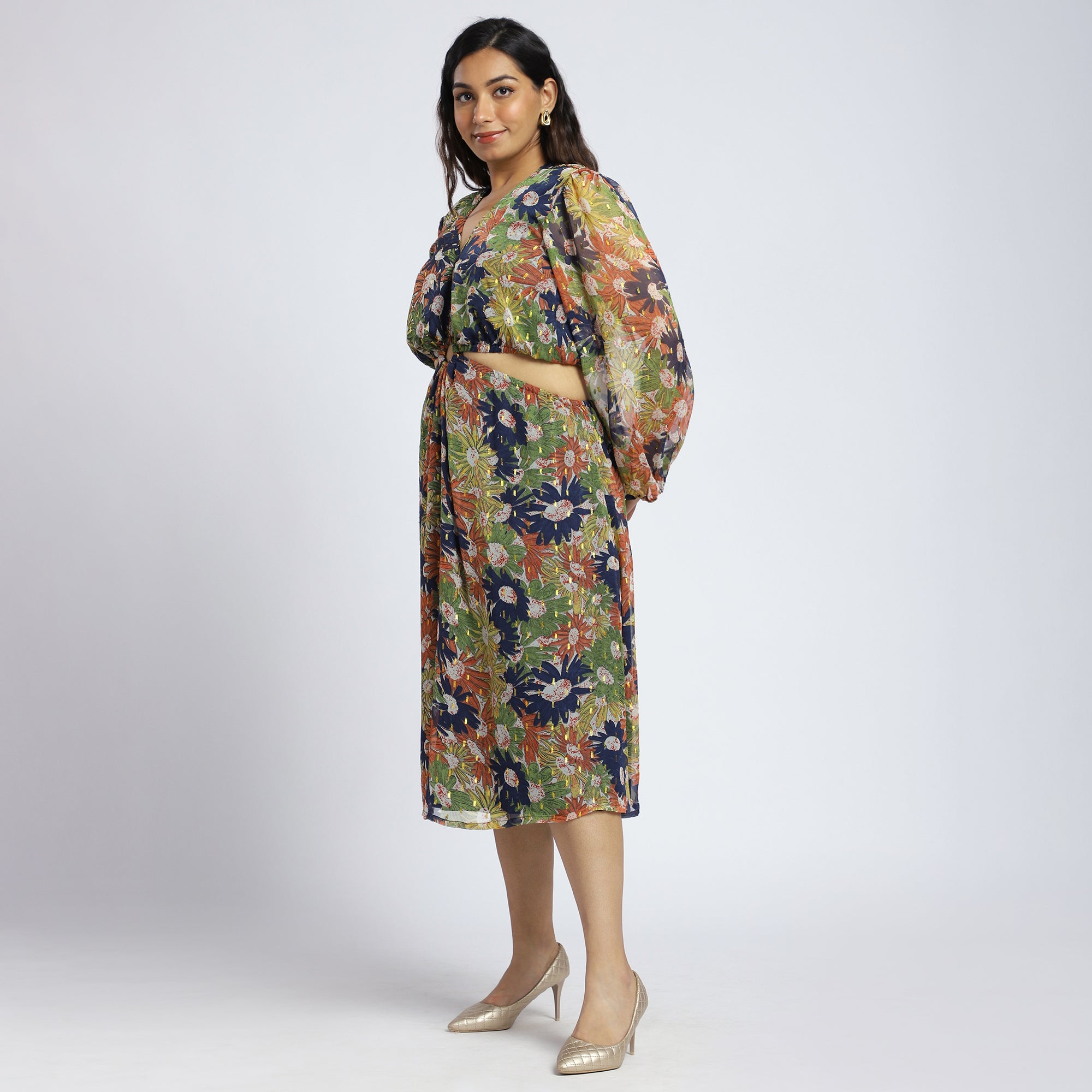 Plus Size Navy Blue Lurex Floral Cut-Out Dress with Ring Detail
