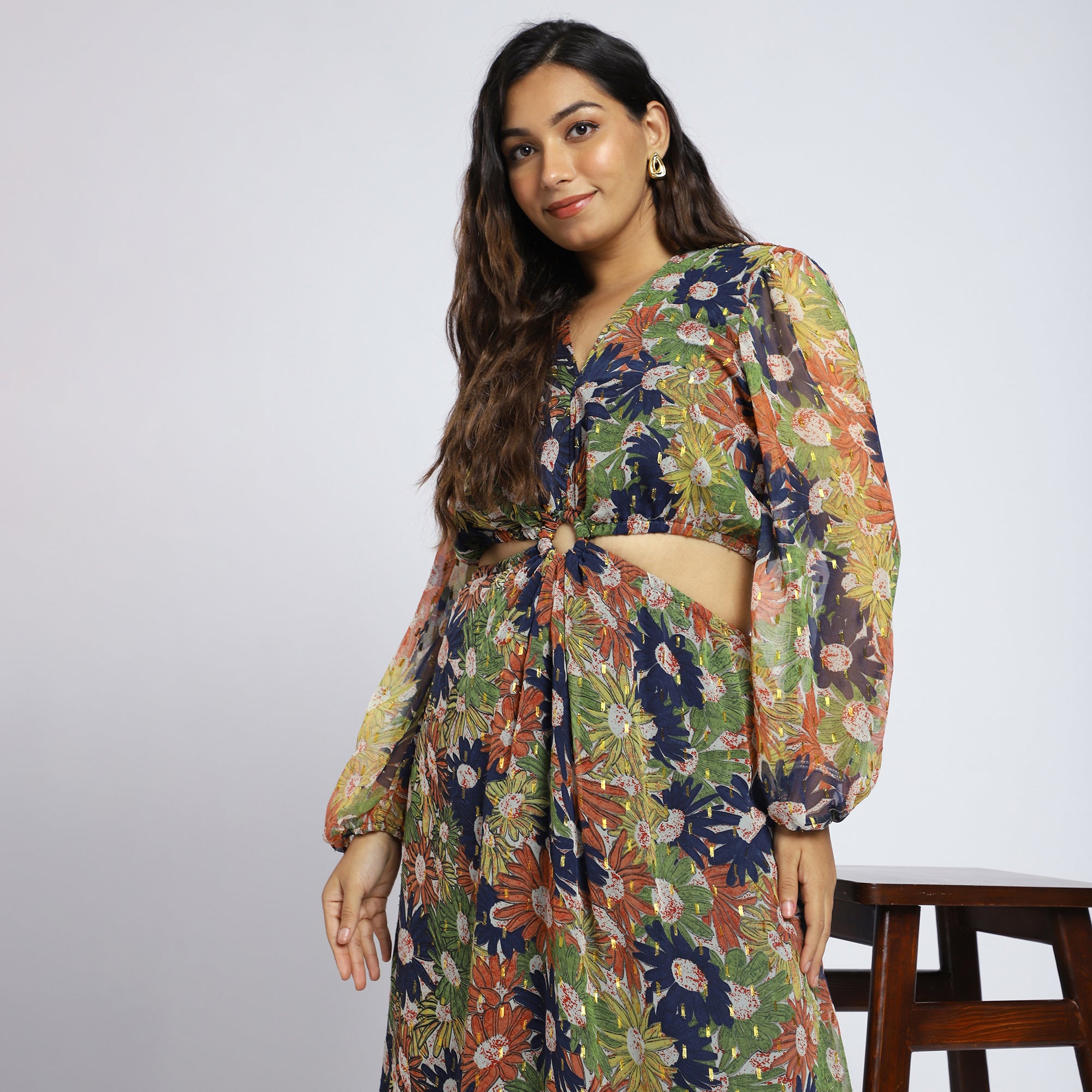 Plus Size Navy Blue Lurex Floral Cut-Out Dress with Ring Detail