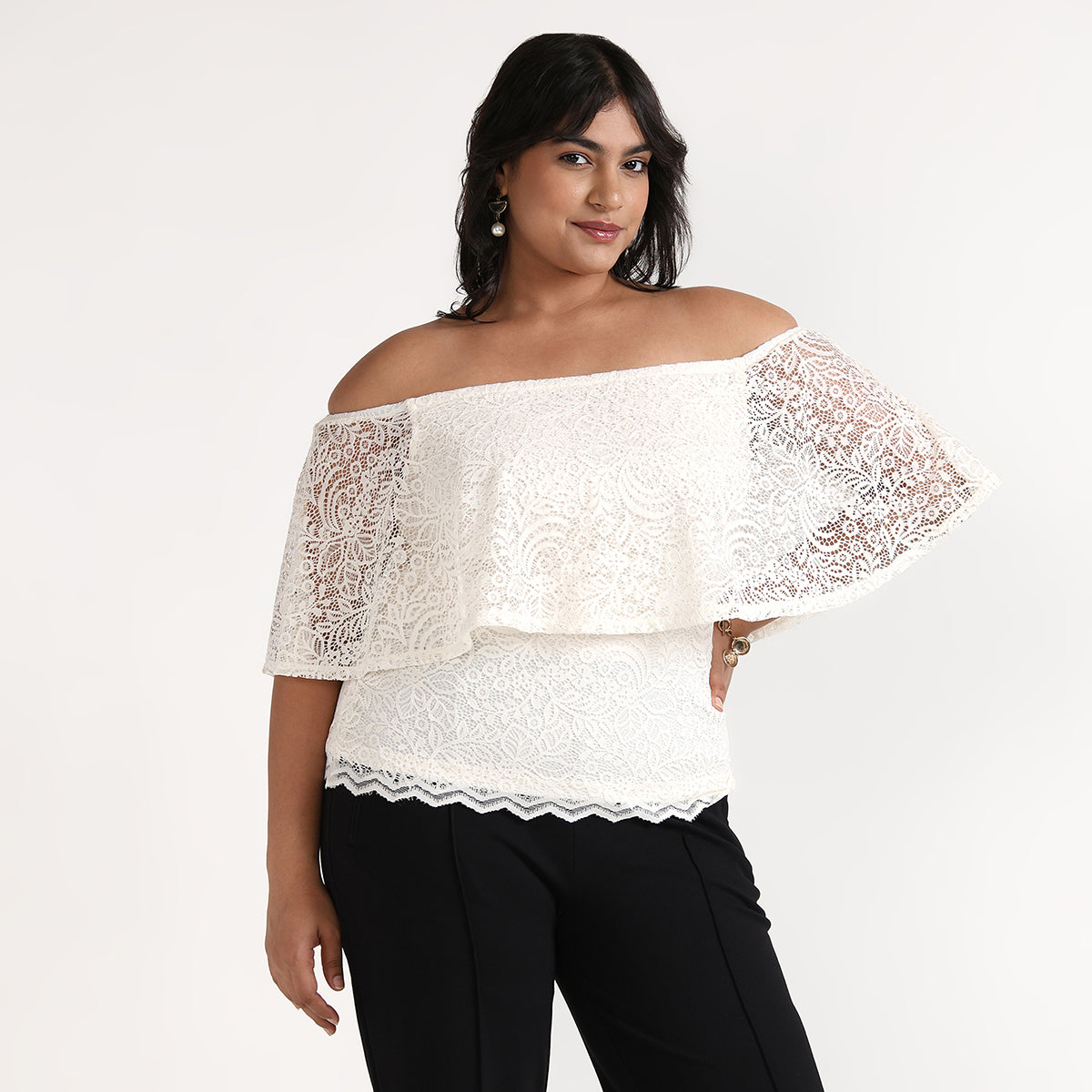 Plus Size Off-White Off-Shoulder Lace Top by CALAE | Sizes Available L to 7XL