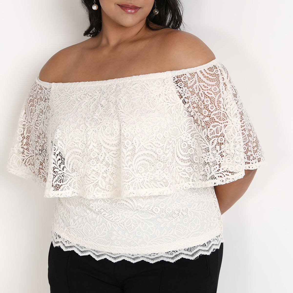 Plus Size Off-White Off-Shoulder Lace Top by CALAE | Sizes Available L to 7XL