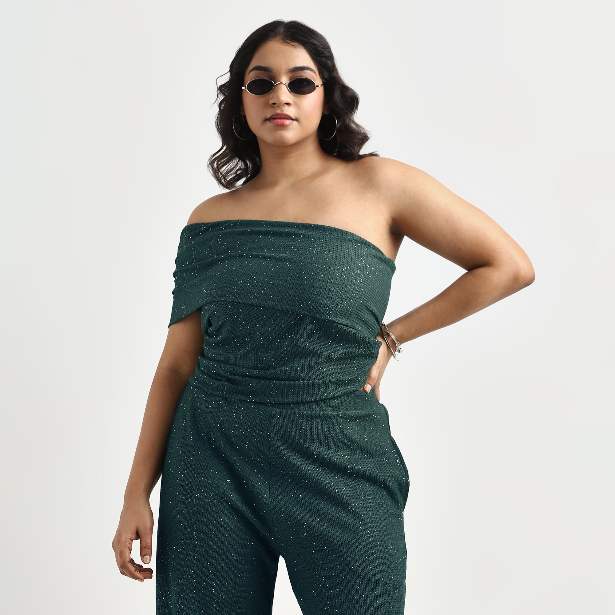 Plus-Size Dark Green Glitter Textured Knit One-Shoulder Top by
