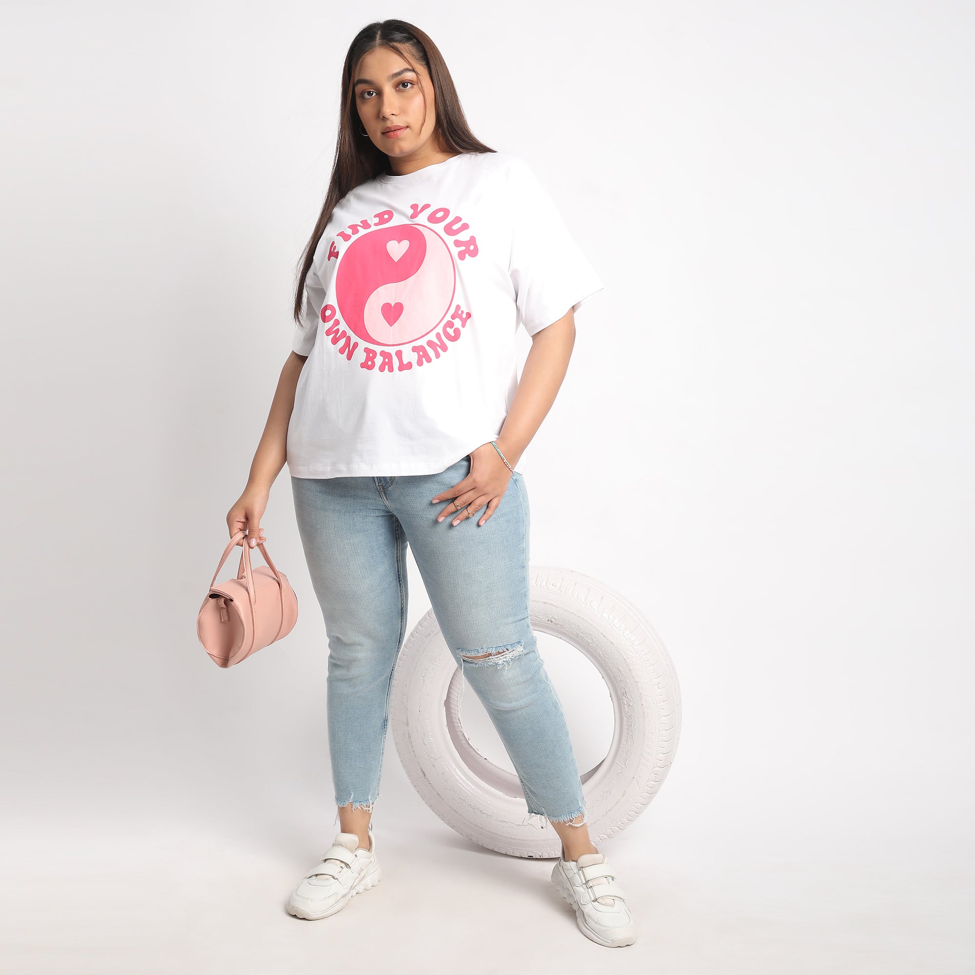 White Yin Yang Plus Size Chest Print Cotton Tee