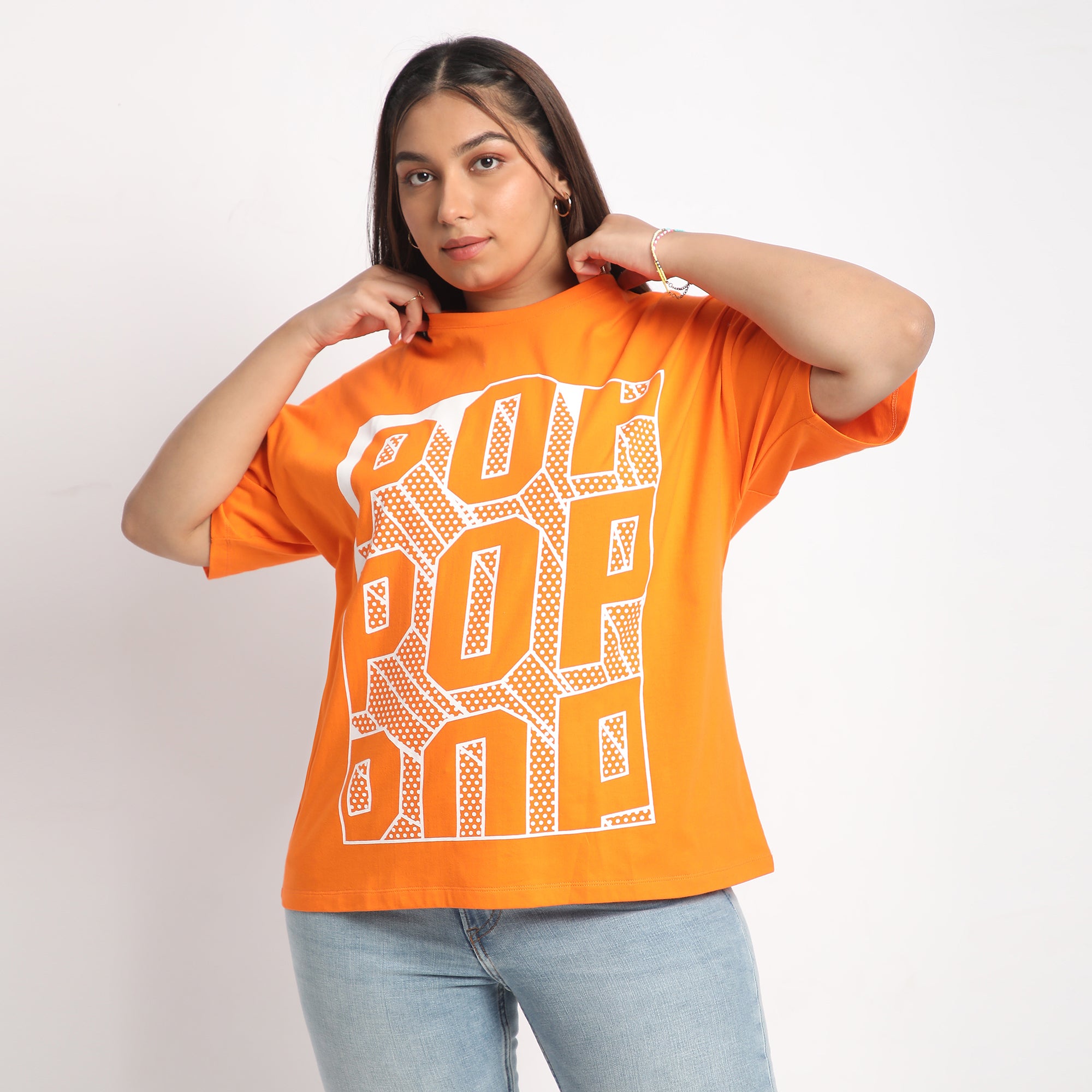 Orange Pop Plus Size Chest Print Cotton Tee