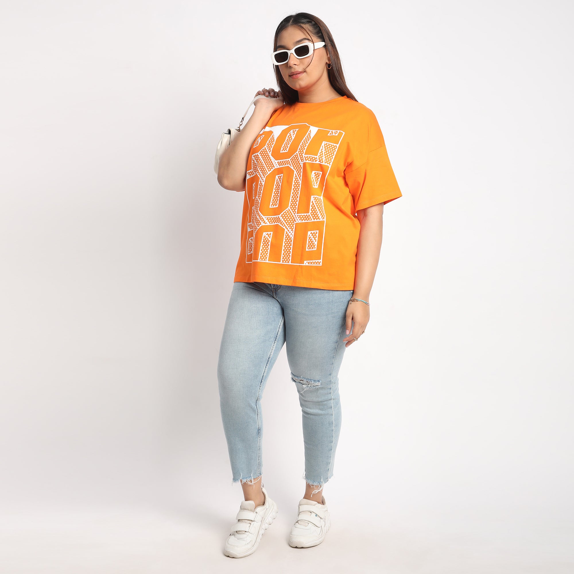 Orange Pop Plus Size Chest Print Cotton Tee