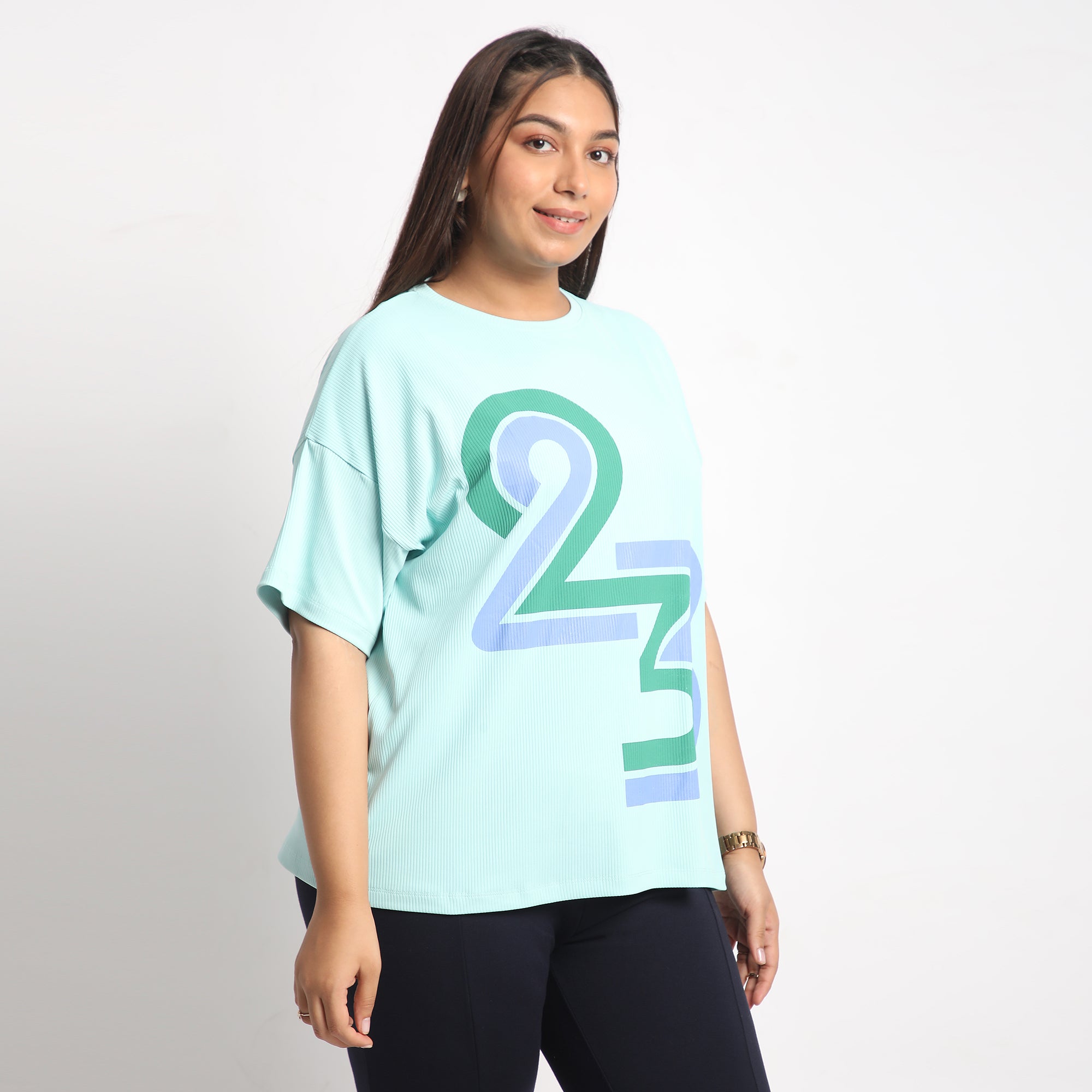 Green Rib Plus Size Chest Print Tee