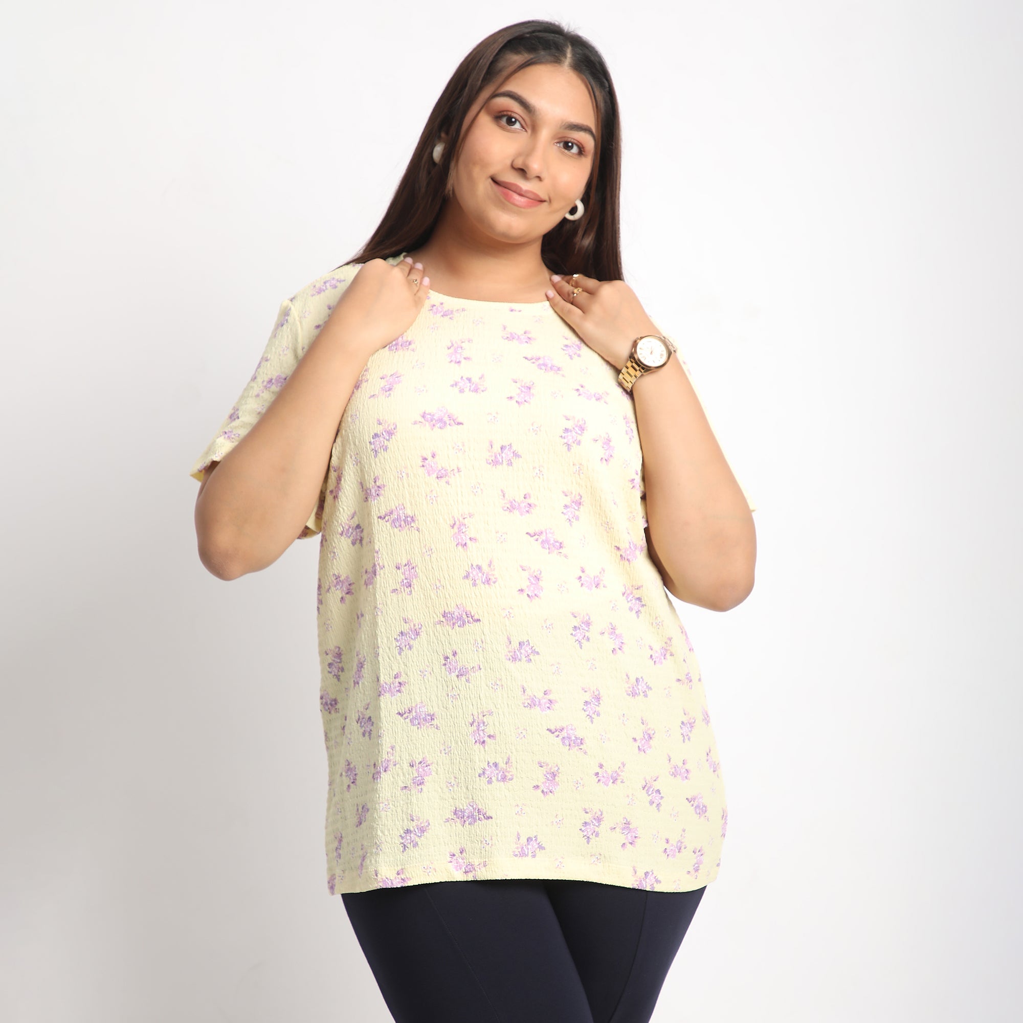 Yellow Floral Plus Size Textured Knit Top
