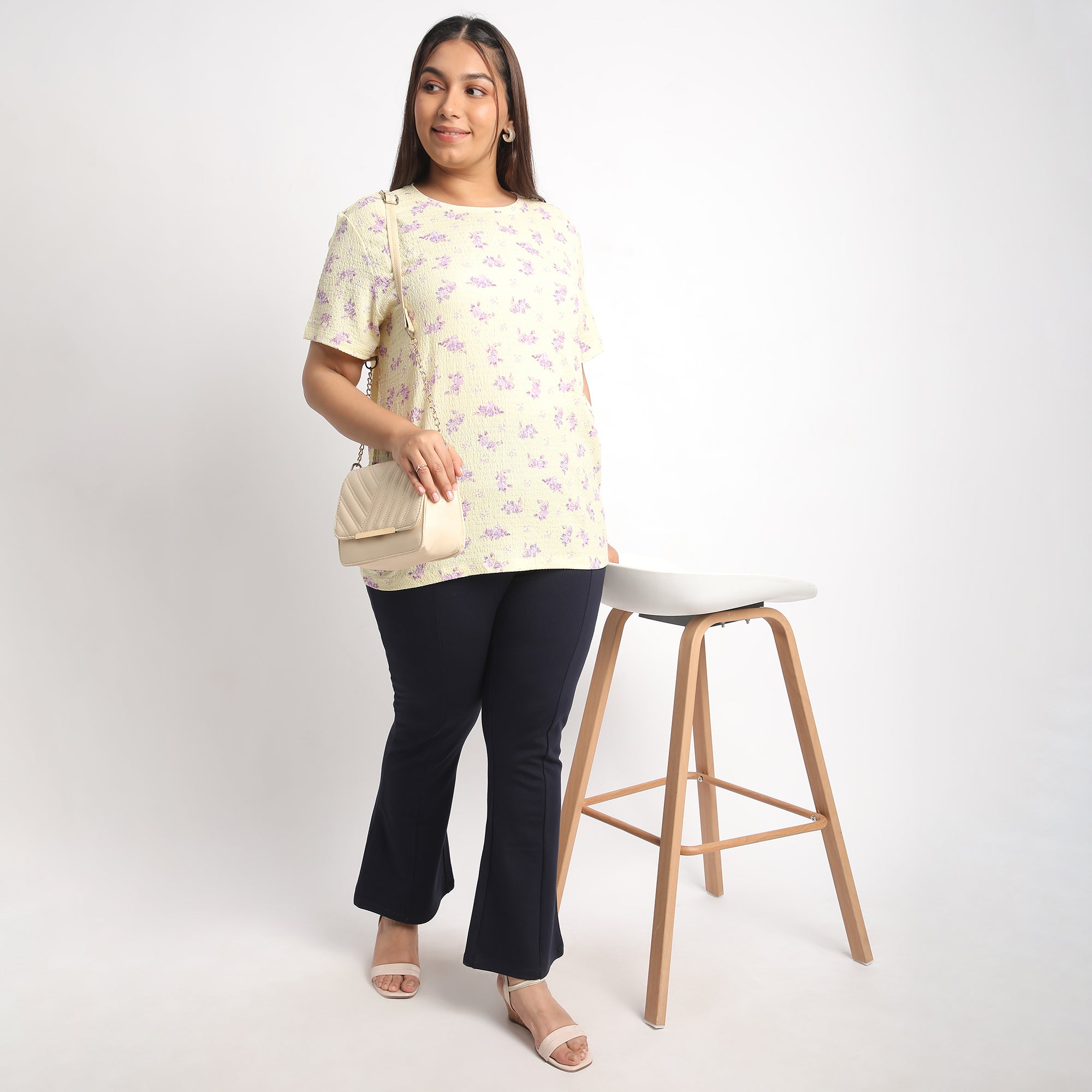 Yellow Floral Plus Size Textured Knit Top